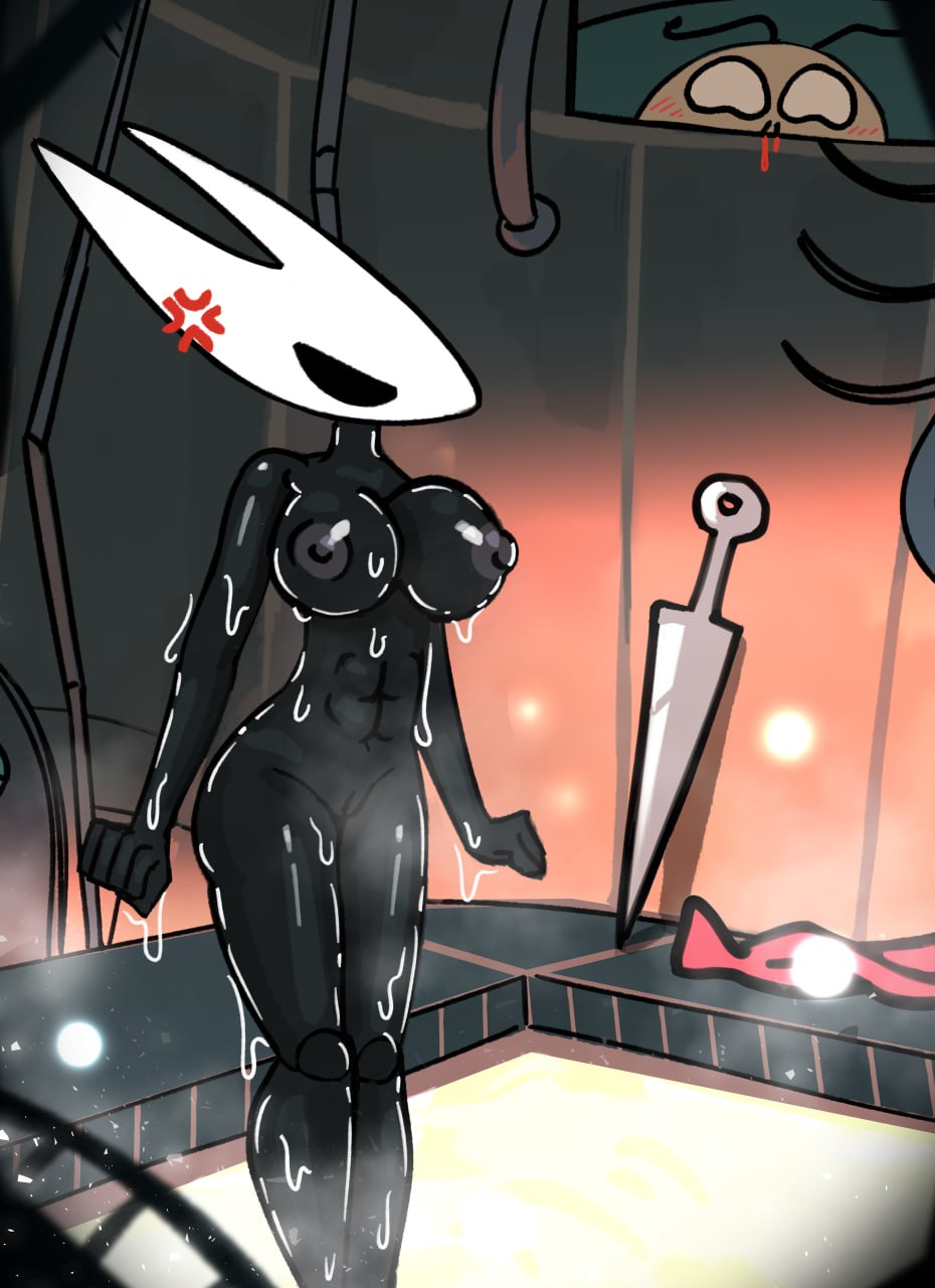 1boy, angry, bathhouse, breasts, bug, bug girl, caught, doggyawoo, female, hollow knight, hollow knight: silksong, hornet (hollow knight), muscular female, nosebleed, peeping, peeping tom, pervert, red cape, white mask