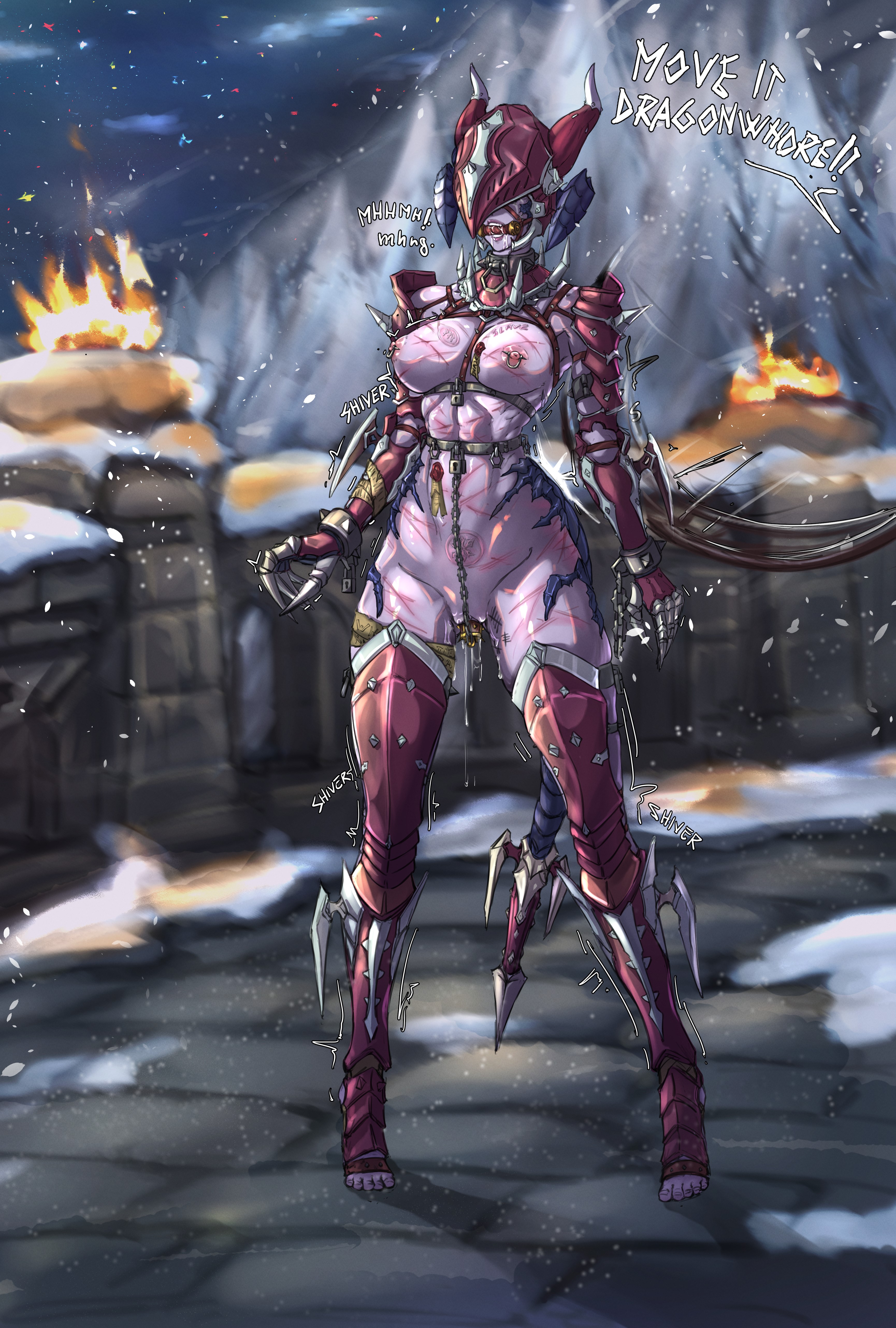 1girls, au ra, barefoot, bdsm, bdsm harness, bit gag, bondage, branded, branding mark, chains, clawed gauntlets, collar, cuffs, dildo, drooling, exhibitionism, exposed torso, female, female only, femsub, ffxiv, forced exposure, gag, gagged, hairless pussy, humiliation, impractical armor, locks, metal bondage, metal collar, nipple piercing, public exposure, pussy juice, pussy juice drip, scales, shivering, sirpetus, slave, snow, snowing, spiked collar, spiked dildo, tail, tally marks, trembling, unconvincing armor, wax, wax seal, whip, whip marks, whipping, winter