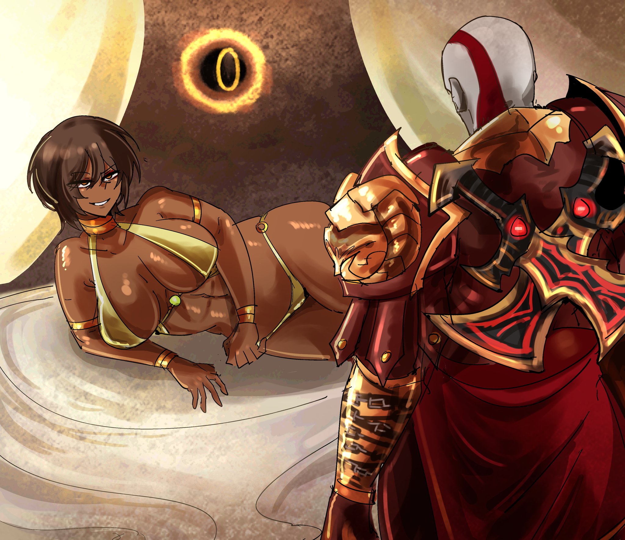 1boy, 1girls, 2026, 2d, 2d (artwork), 2d artwork, arczaeon, armor, armored male, bald, bikini, colored, crossover, funny, god of war, greek male, greek mythology, kratos, limbus company, looking at another, micro bikini, outis (limbus company), pale skin, pale-skinned male, project moon, shaded, short hair, short hair female, smug, smug expression, smug face, smug grin, smug smile