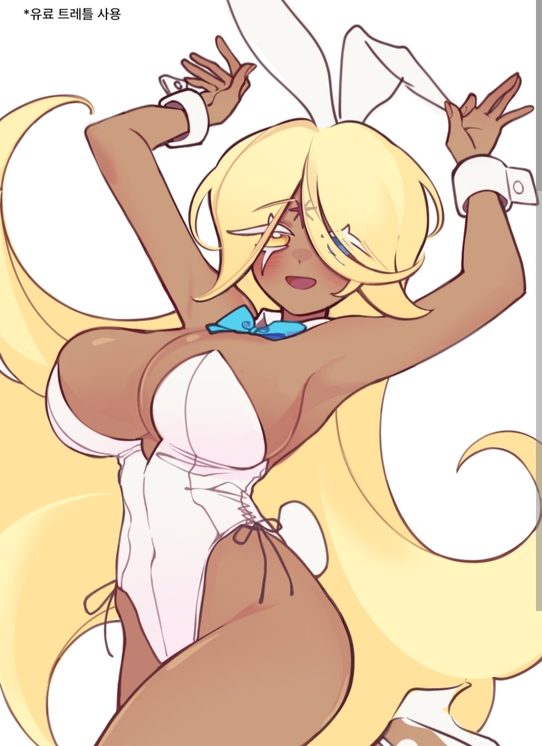 1female, 1girl, 1woman, awakened pure vanilla cookie, big boob, big boobies, big breasts, blonde female, blonde hair, blush, blushing female, boobs bigger than head, breasts, breasts bigger than head, breasts out, bunny, bunny costume, bunny ears, bunny girl, bunny tail, bunnysuit, cookie run, cookie run kingdom, female, female focus, female only, female solo, femvanilla, femvanilla cookie, gem on forehead, hands up, korean text, light-blue eyes, long hair, long hair female, mark on forehead, orange body, orange skin, orange skinned male, pure vanilla cookie, ribbon choker, rule 63, smile, smiley face, smiling, smiling at viewer, solo, solo female, solo focus, sown22102, vanussy, white eyebrows, white eyelashes, woman focus, woman only, woman solo, yellow eyes, yellow eyes female, yellow hair, yellow hair female