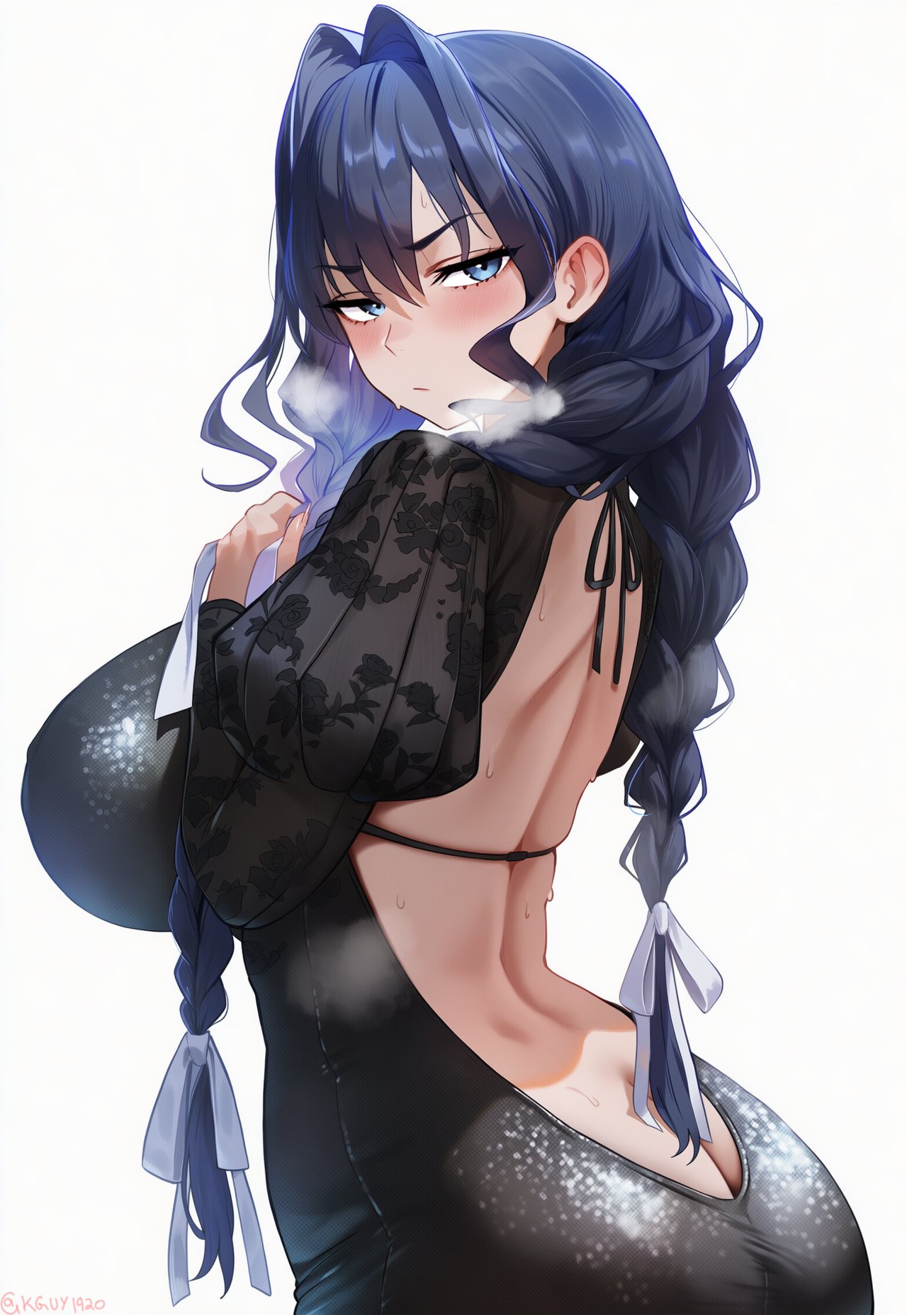 1girls, ass, back, backless dress, backless outfit, bangs, bare back, big breasts, black dress, blue eyes, blue hair, blush, braid, breasts, breath, butt crack, dress, eyebrows visible through hair, female, female only, from behind, hair intakes, hololive, hololive english, huge breasts, kguy1920, long hair, long sleeves, looking at viewer, looking back, ouro kronii, ouro kronii (maid), solo, striped, tagme, twin braids, vertical stripes, virtual youtuber