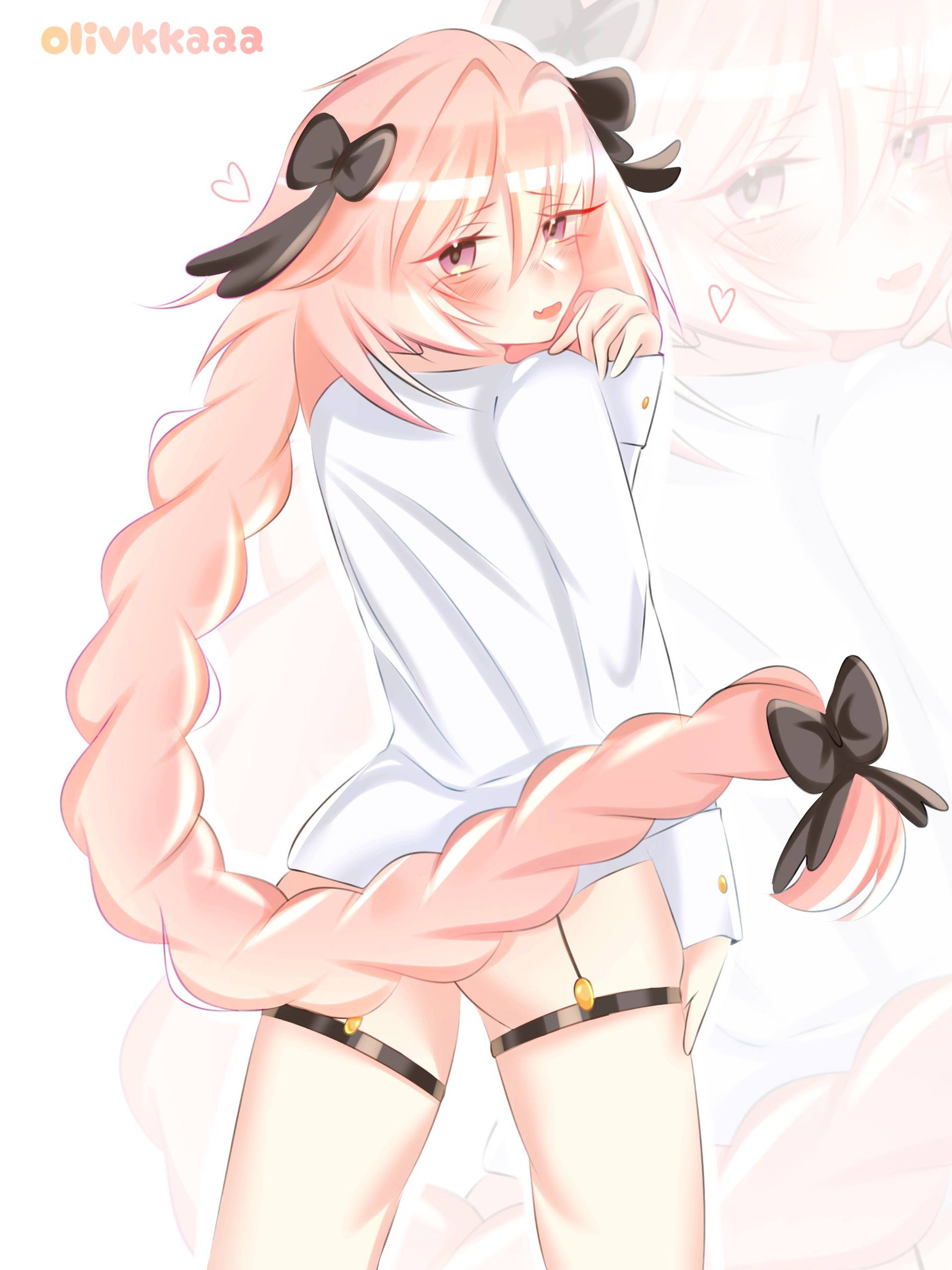 1boy, astolfo (fate), astolfo (saber) (fate), black bow, blush, bow, clothing, femboy, hand on leg, long hair, looking at viewer, looking back, male, olivkkaaa, pink hair, thick thighs