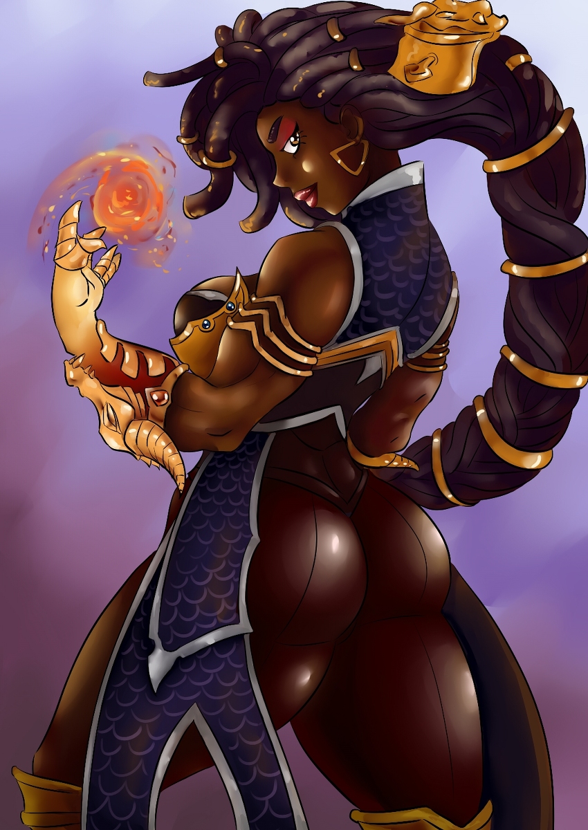 2d amber_eyes armband armor artist_request ass back_turned back_view big_ass big_breasts boots breasts brown_skin dark-skinned_female dark_skin dreadlocks fire gauntlets hair_ornament hairband hairbun huge_ass huge_breasts imani_(paladins) locs long_hair magic magic_user magical_girl muscles muscular muscular_female paladins robe sideboob thick_lips thick_thighs thighs video_games