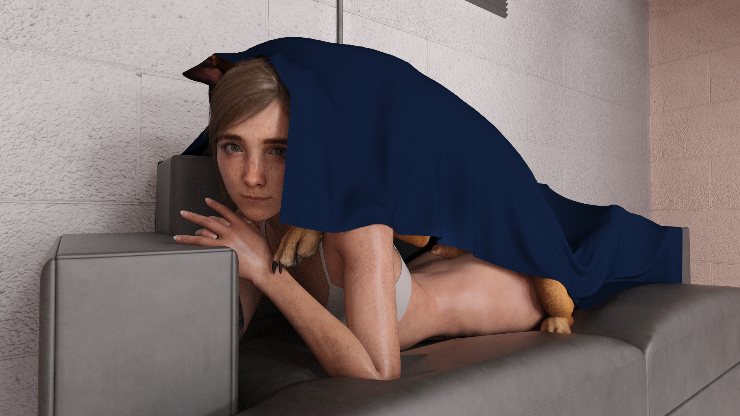 1boy, 1girls, animal penis, blanket, bra, canine, canine on human, couch, ellie (the last of us), ellie williams, fatberlobster, female, female human/male feral, female on feral, feral, feral on female, feral on human, freckles, hidden, hidden sex, human female, human on feral, implied bestiality, implied sex, looking at viewer, male, stealth sex, teenager, the last of us, zoophilia