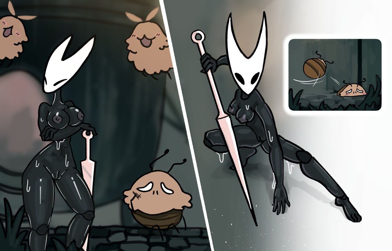 1boy, angry, attack, attacked, attacking viewer, bathhouse, blush, breasts, bug, bug girl, doggyawoo, female, hollow knight, hollow knight: silksong, hornet (hollow knight), muscular female, pain, pervert, public nudity, punished, punishment, rain, wet, wet body, white mask