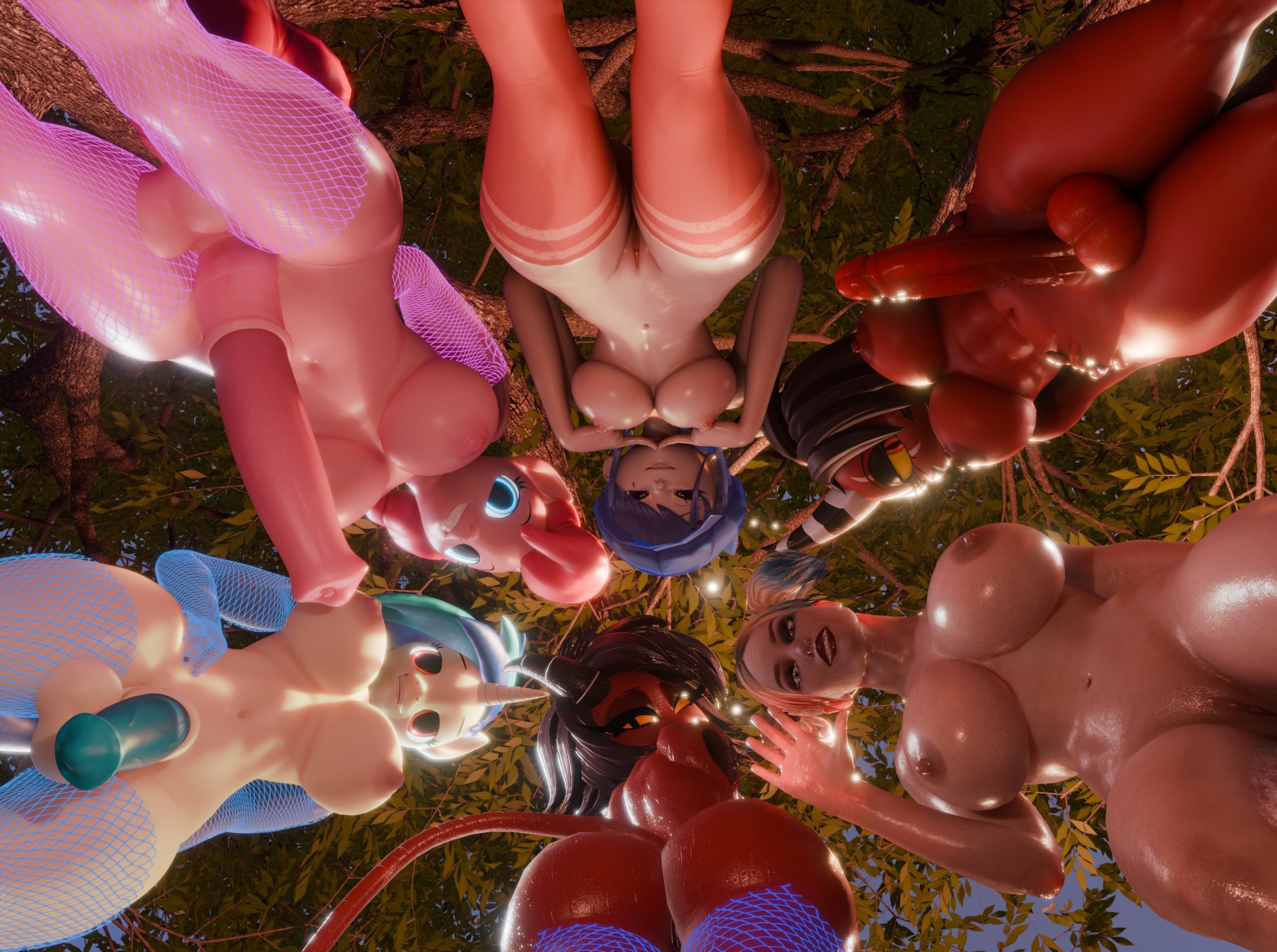 2k, 3d, 3d (artwork), 3futas, 6girls, anthro, batman (series), big ass, big balls, big breasts, big penis, blender, cappie (miside), completely naked, completely nude, crossover, dc, dc comics, doomfella, equine penis, female, fingers together, from below, futanari, glowing eyes, harley quinn, harley quinn (injustice), helluva boss, human, humanoid penis, hung, hung futa, hung transfem, injustice 2, looking at viewer, millie (helluva boss), miside, mostly nude, multiple futa, multiple girls, my little pony, naked, naked female, naked futa, nude, nude female, nude futa, pinkie pie (mlp), sallie may (helluva boss), simple background, smiling at viewer, smirking, tail, thick ass, thick thighs, thighhighs, trans woman, transfem, transgender, vinyl scratch (mlp), waving at viewer