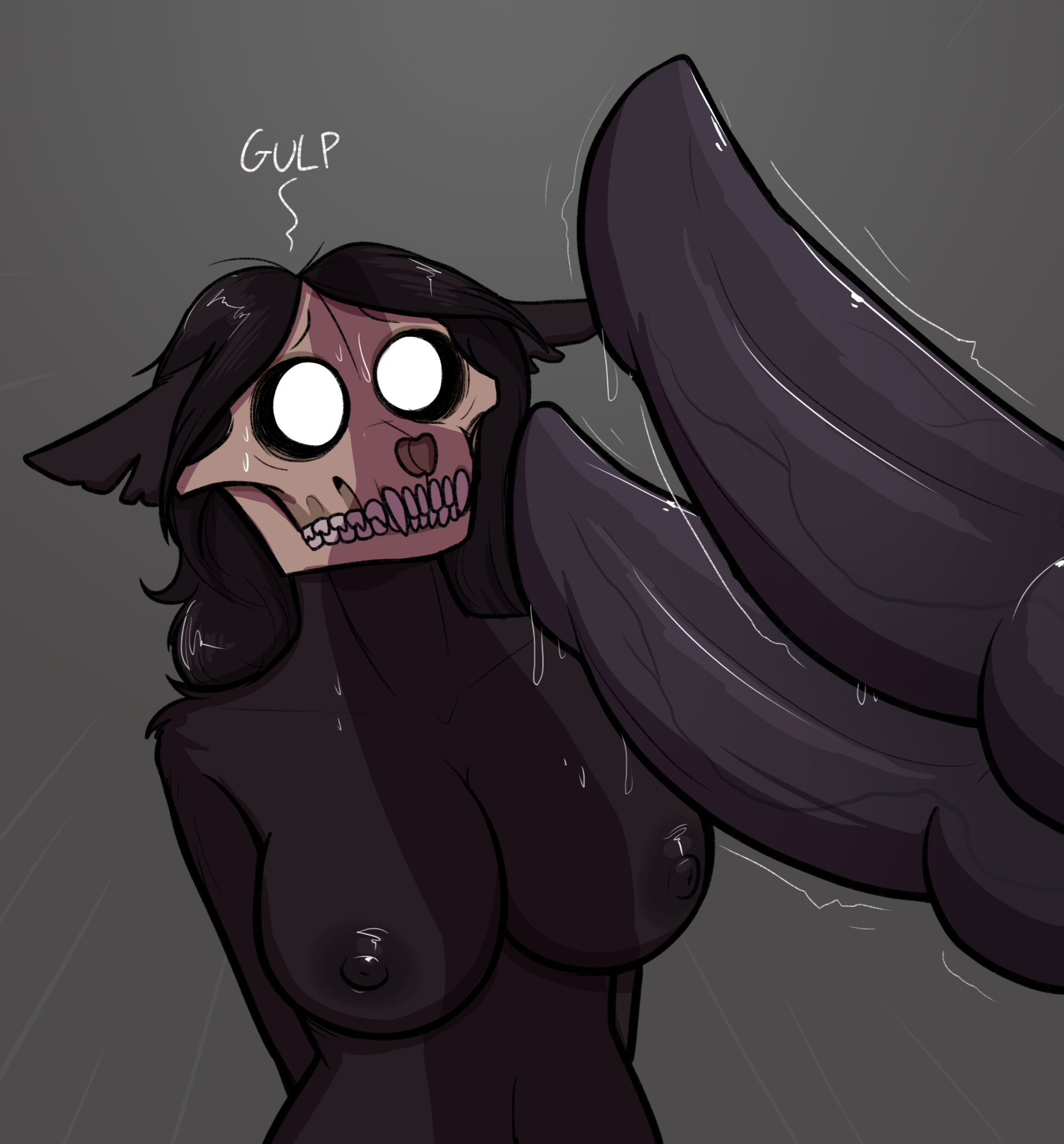 1boy, 1girls, 2019, areolae, big penis, black fur, black hair, breasts, canine, diphallia, diphallism, duo, english text, fear, female, fur, furry, grey background, hair, huge penis, keadonger, knot, long hair, looking at penis, mal0, male, malo, mammal, monster, multi genitalia, multi penis, nipples, penis, penis awe, scp foundation, scp-1471, scp-1471-a, scp-682, simple background, skull, straight, sweat, teeth, text, trembling, veins, veiny penis, wet
