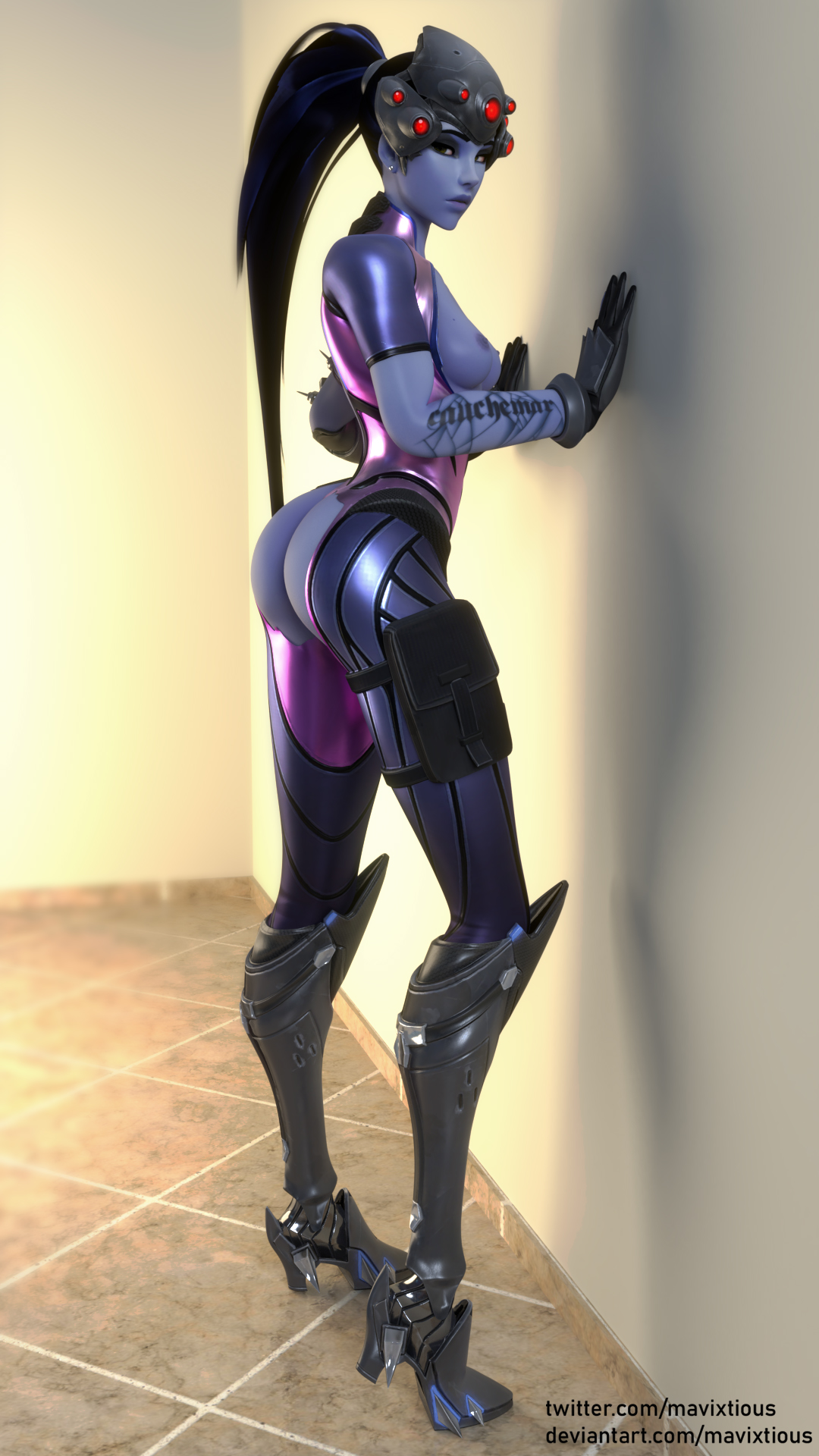 3d, against wall, arched back, areolae, ass, blender, breasts, female, female only, looking at viewer, looking back, mavixtious, nipples, overwatch, side view, solo, solo female, standing, viewed from side, widowmaker