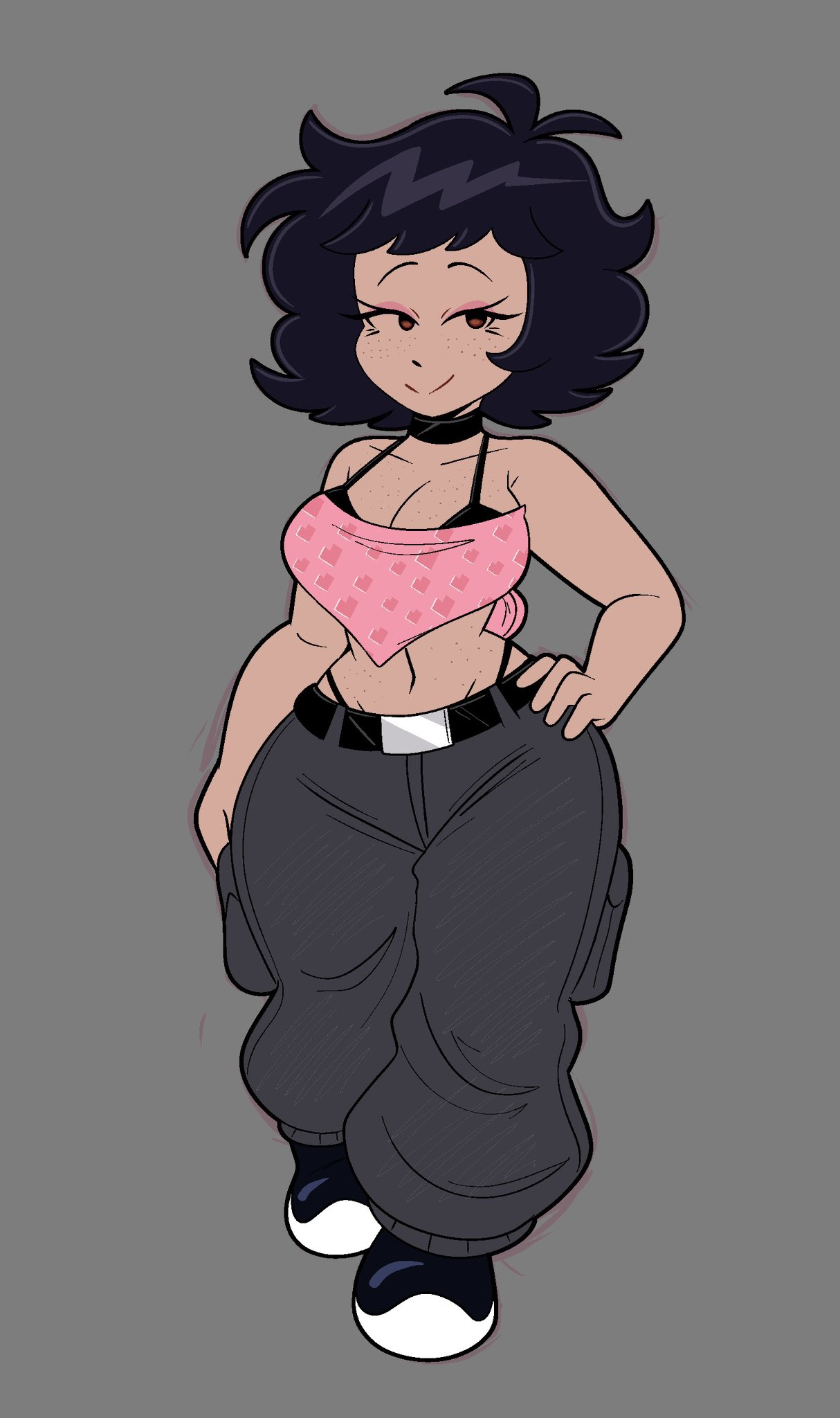 1girls, 2d, baggy pants, belt, black hair, bra, breasts, brown eyes, cargo pants, choker, clothing, curvaceous, female, female only, freckles, freckles on breasts, funnyhoohooman, hand on hip, hourglass figure, makeup, oc, original character, revealing clothes, shoes, short hair, simple background, thick legs, thighs, thong, thong straps