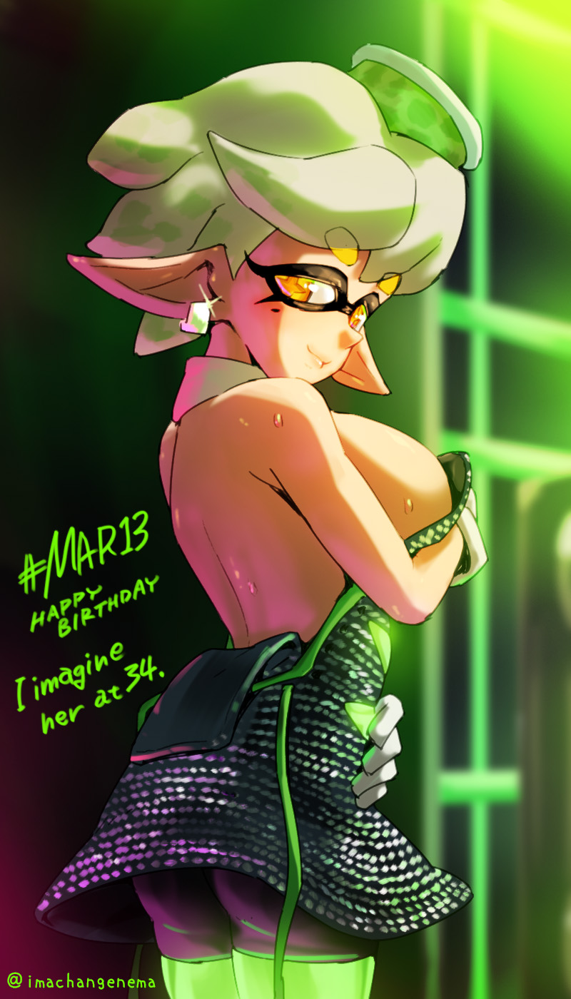 + +, 1girl, big breasts, black dress, breasts, detached collar, domino mask, dress, earrings, female, female only, food, food on head, gloves, green legwear, huge breasts, ikachangenema, jewelry, large breasts, looking at viewer, looking back, marie (splatoon), mask, mole, mole under eye, nintendo, object on head, pantyhose, pointy ears, short dress, short hair, smile, solo, splatoon, splatoon (series), squid sisters, standing, strapless, strapless dress, sweat, tagme, tentacle hair, unusual pupils