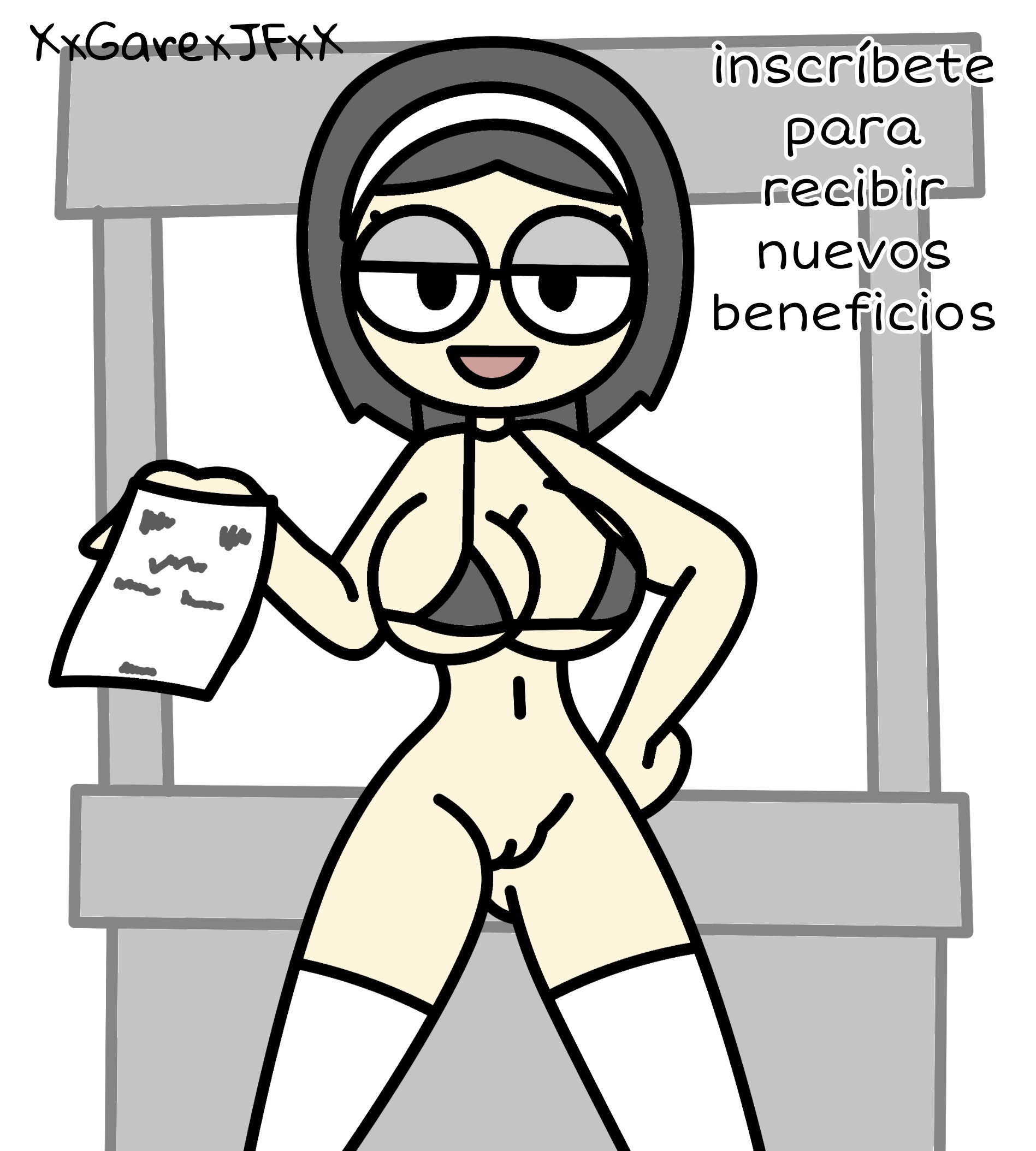 1girls, black hair, bottomless, dialogue, female, female focus, female only, fiorella sofia quispe nawi, glasses, hairband, light skin, light-skinned female, looking at viewer, paper, sketch, spanish text, talking to viewer, text, the p-club, translation request, xgarex