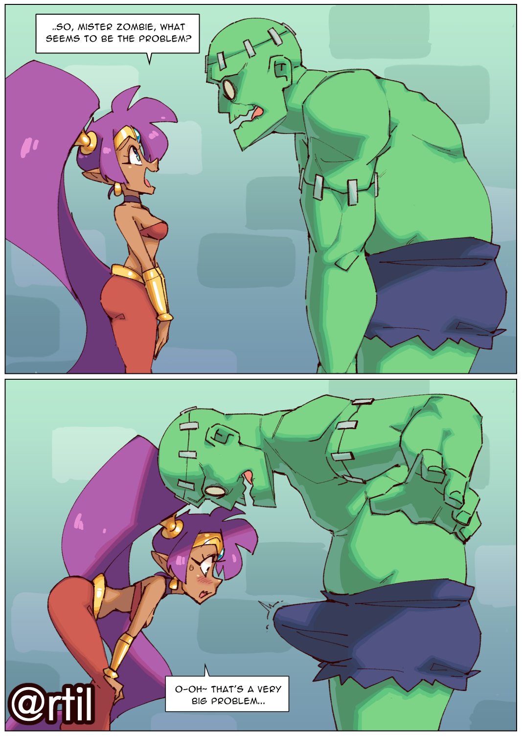 1boy, 1girls, caught staring, comic, dialogue, erection, erection under clothes, female, green skin, huge cock, imminent sex, long hair, looking at penis, male, medium breasts, monster, penis awe, pointy ears, ponytail, purple hair, rtil, shantae, shantae (character), short hair, text, wayforward, zombie