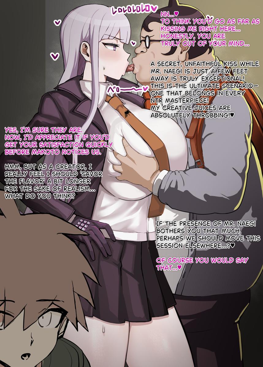 1girls, 2boys, ai art, ai generated, artist request, big breasts, big penis, black hair, breasts, comic, curvaceous, curvaceous female, curvaceous figure, curves, curvy, curvy body, curvy female, curvy figure, curvy hips, danganronpa, dialogue, embarrassed, english dialogue, english text, fat male, female, glasses, grabbing another's breast, groping, hand on breast, heart, hearts around body, hearts around head, kirigiri kyouko, kissing, lavender hair, long hair, male, naegi makoto, netorare, purple eyes, ribbon, ribbon in hair, round glasses, secretly loves it, short hair, straight hair, text, thick, thick ass, thick legs, thick thighs, thighhighs, thighs, ugly bastard, venus body, voluptuous, voluptuous body, voluptuous female, yamada hifumi