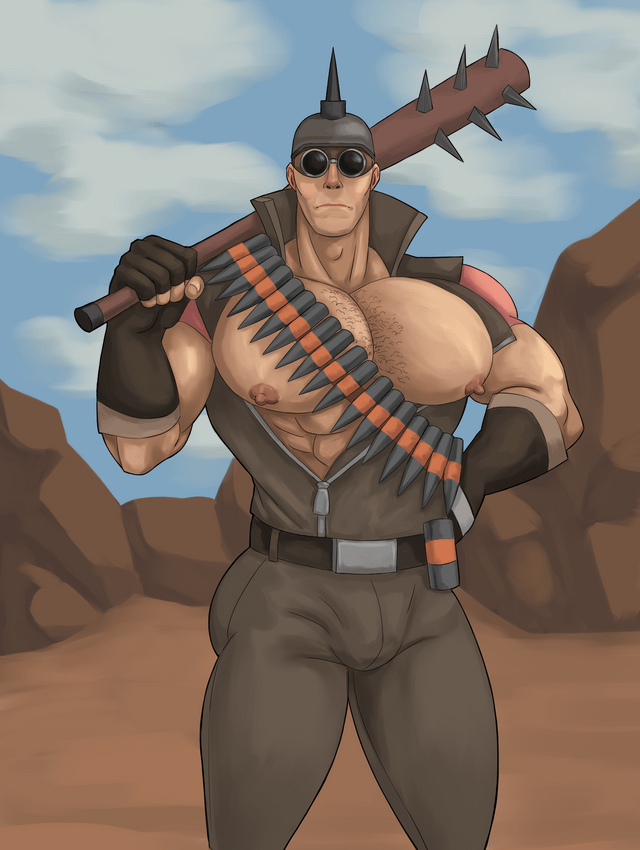 1boy 1male ammo_belt bara bat bulge bulge_through_clothing color colored front_view gloves goggles holding_object looking_at_viewer madcap_(team_fortress_2) male male_focus male_only moobs muscular muscular_male nipples no_visible_genitalia ottomanny partially_clothed penis_bulge solo solo_focus standing team_fortress_2 zipper