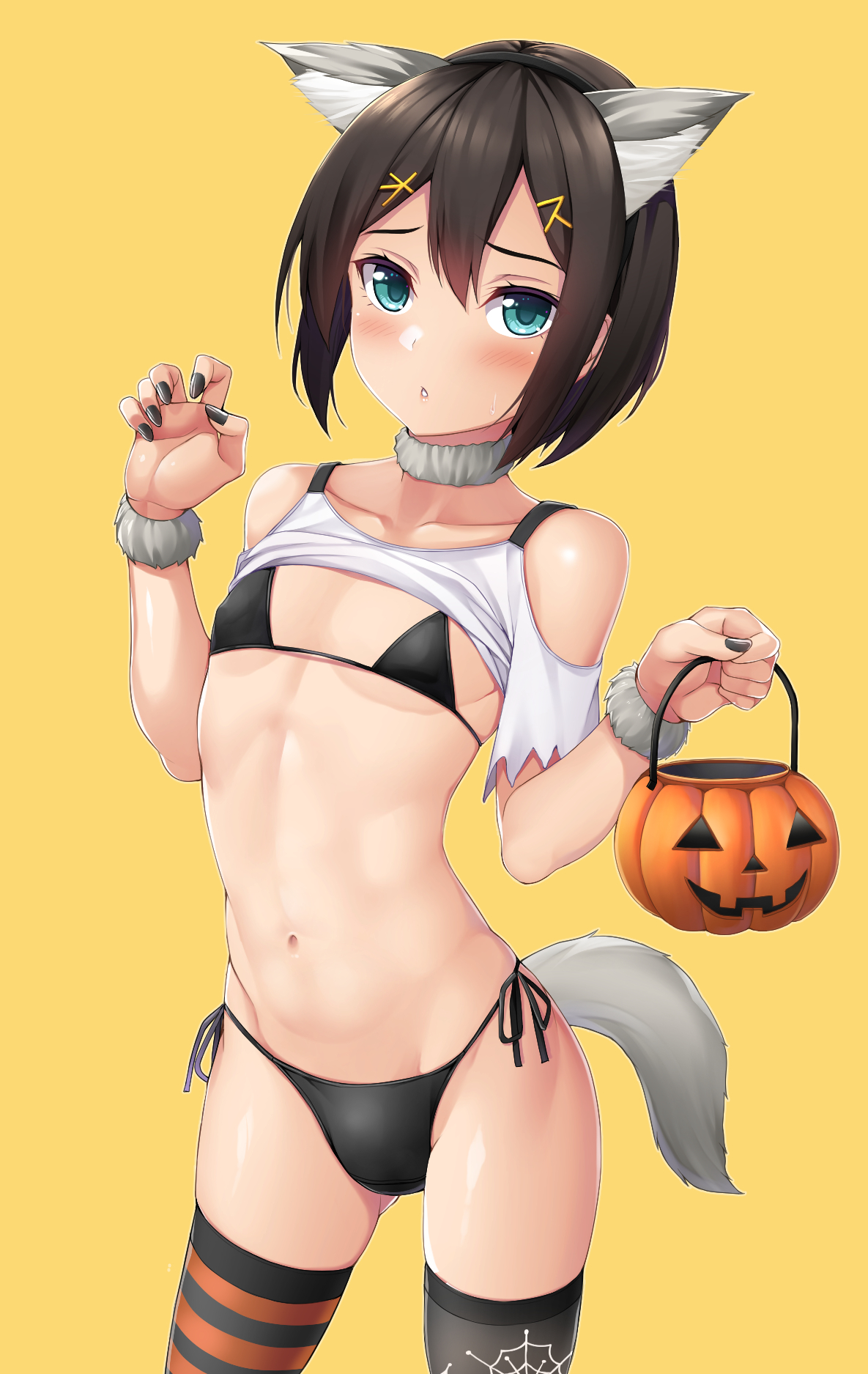 1boy, androgynous, animal ears, animal tail, bikini, blush, collar, crossdressing, girly, halloween, male, shirt lift, takocha, trap