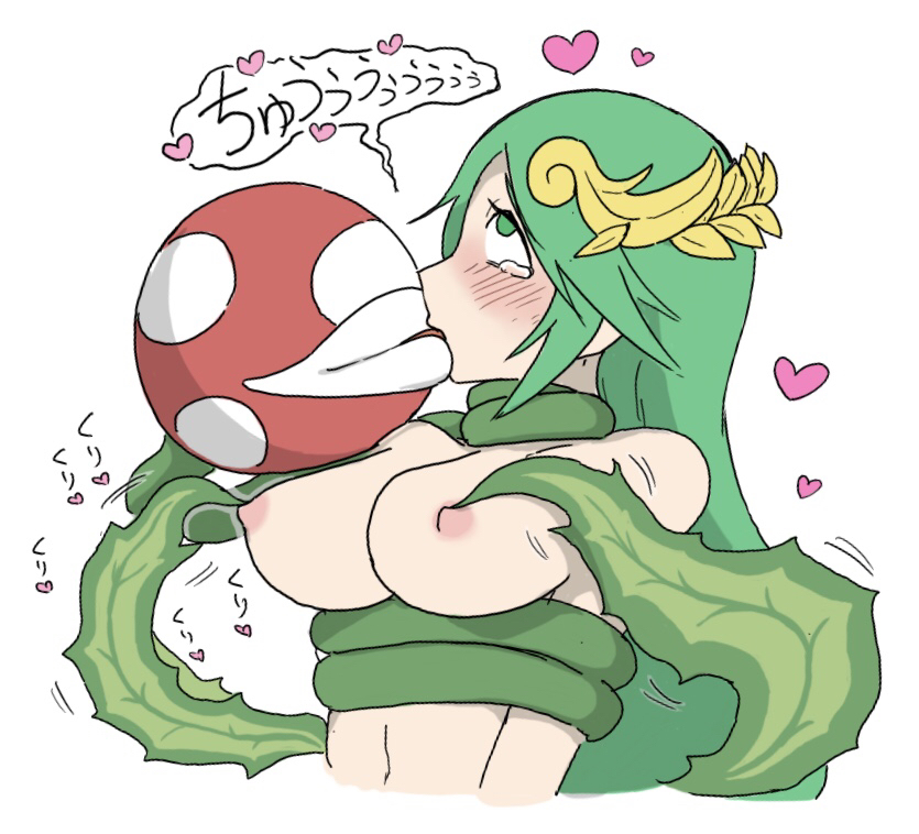 1girls, 1other, ambiguous gender, blush, bondage, breasts, crossover, crying, female, female focus, green eyes, green hair, heart, interspecies, kid icarus, kissing, long hair, mario (series), nintendo, nipple pinch, nipples, nude, palutena, piranha plant, rolling eyes, simple background, tied up, white background, white-stew