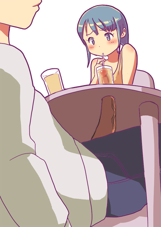 1boy, 1girls, artist request, bare shoulders, blue eyes, blue hair, blush, censored, chair, clothed, date, drink, erection, eyelashes, faceless male, female, glass, human, hyper, hyper penis, jeans, long penis, male, male urethral insertion, pants, peeing, penile urethral insertion, penis, shirt, simple background, sitting, straight, straw, straw in penis, table, under table, urethral, urethral insertion, urethral penetration, urine, veins, veiny penis, white background