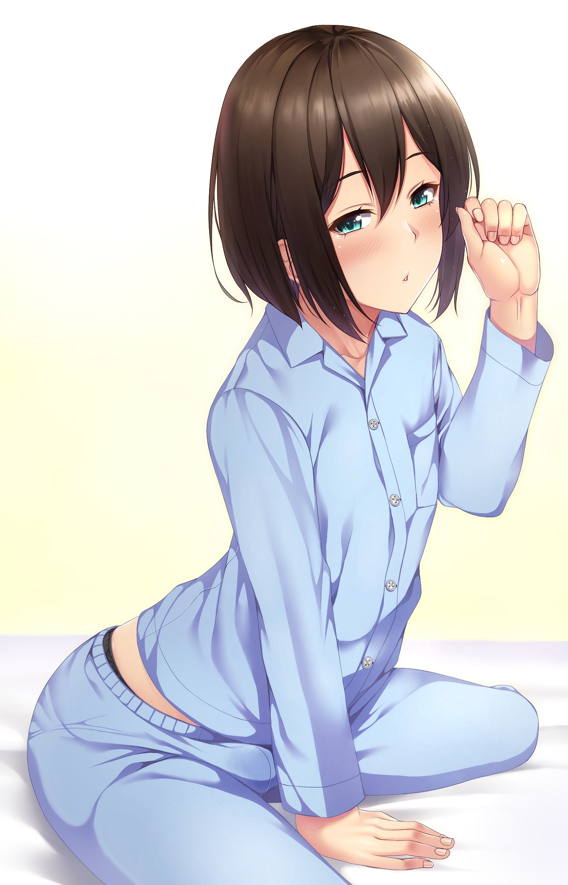 1boy, androgynous, balls, bed, blue eyes, brown hair, bulge, girly, green eyes, leaning forward, looking at viewer, male, male only, pajamas, short hair, sitting, solo, takocha, testicles, trap