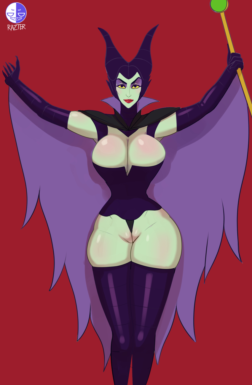 artist_name between_labia body_blush breasts cap cleavage cloak corset cowl disney disney_villains elbow_gloves eyeshadow fake_horns female female_only front_view gloves green_skin highres holding_staff horns huge_breasts innie_pussy large_breasts latex leotard lipstick looking_at_viewer maleficent pussy pussy_floss razter red_background red_lipstick signature simple_background skimpy skindentation sleeping_beauty_(1959_film) solo staff standing strapless_dress thighhighs watermark witch yellow_sclera