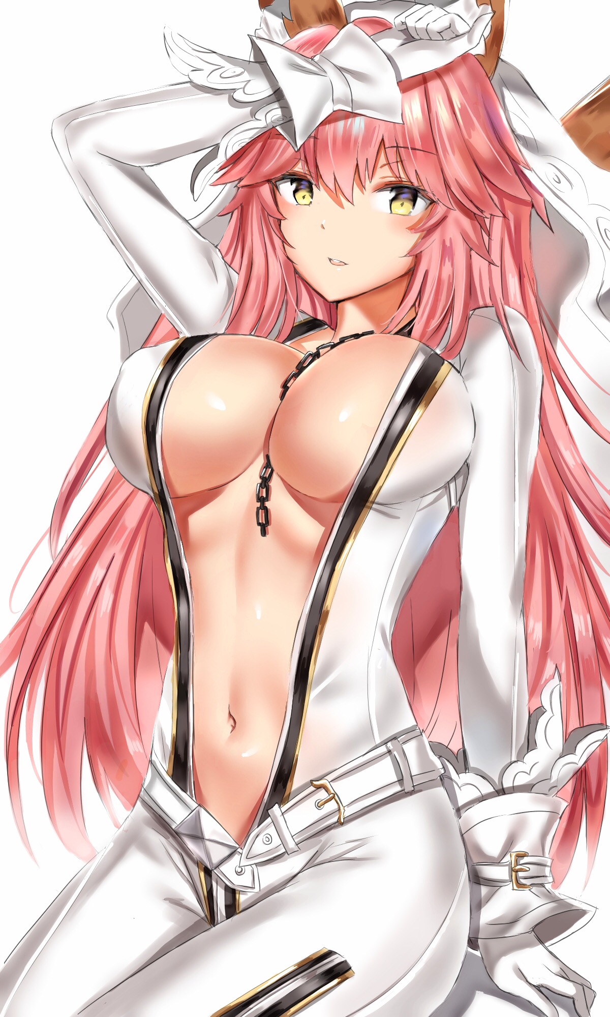 animal ears, bodysuit, breasts, cleavage, farys (afopahqfw), fate (series), fate/extra, fate/grand order, female, female only, fox ears, large breasts, long hair, looking at viewer, open mouth, pink hair, shiny, shiny skin, skin tight, tagme, tamamo no mae (fate), yellow eyes