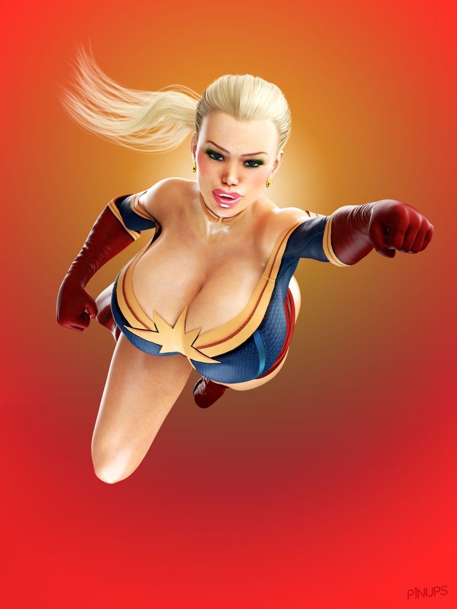 1girls 3d big_lips bimbo bimbofication breasts busty captain_marvel captain_marvel_(cosplay) carol_danvers cleavage cosplay eyeshadow flying huge_breasts lipstick makeup marvel p1nups ponytail thick_lips voluptuous yuma_gold