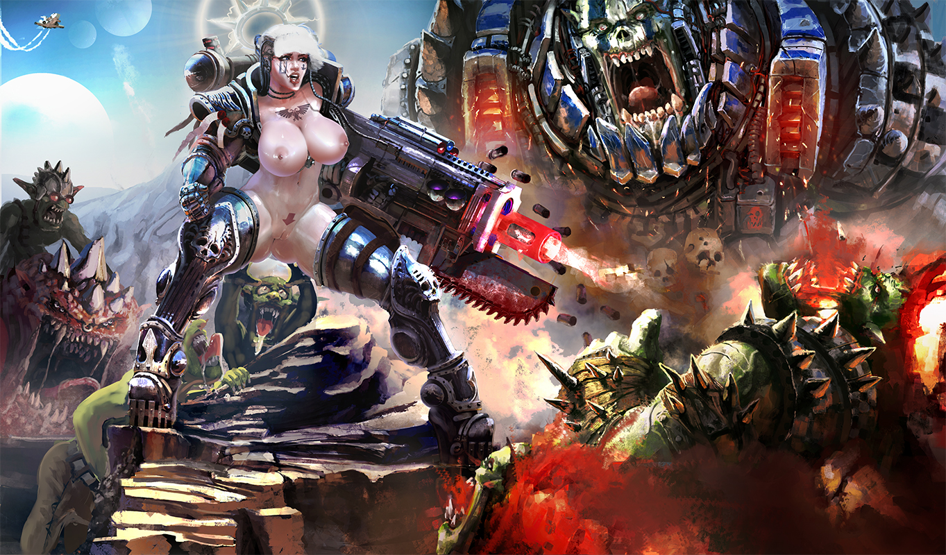 1girls, adepta sororitas, areolae, armor, armwear, big breasts, bolter, breasts, casual, cleavage, exposed torso, female, firearm, goblin, goblin male, gun, hair, human, human female, imperium of man, legwear, light skin, light-skinned female, male, monster, negisaray, nipples, orc, orc male, ork, pale skin, power armor, power armor (warhammer), pussy, rifle, sister of battle, video games, warhammer (franchise), warhammer 40k, weapon, white hair