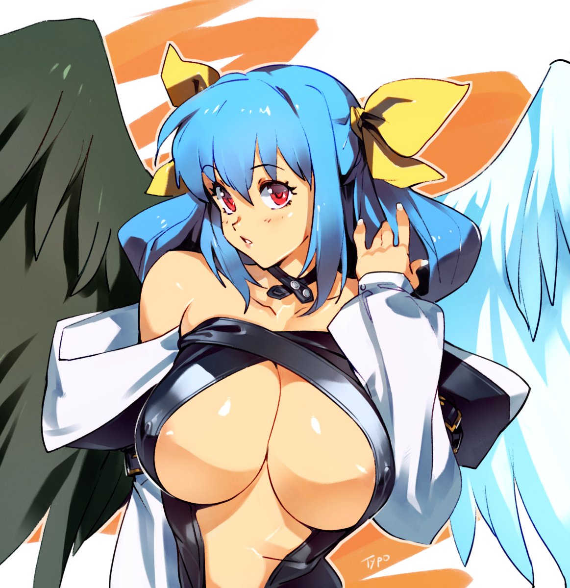 1girls, areola slip, areolae, blue hair, breasts, choker, cleavage, detached sleeves, dizzy (guilty gear), female, female only, guilty gear, large breasts, looking at viewer, nipples visible through clothing, optionaltypo, red eyes, revealing clothes, solo, winged humanoid, wings