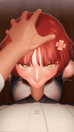 :>=, 1boy, ahe gao, animated, artist request, breasts, bukakke udon, clothed, ejaculation, fellatio, female, female focus, hair ornament, kneeling, large breasts, looking at viewer, male, oral, penis, pov, red hair, school uniform, see-through, short hair, source request, yellow eyes
