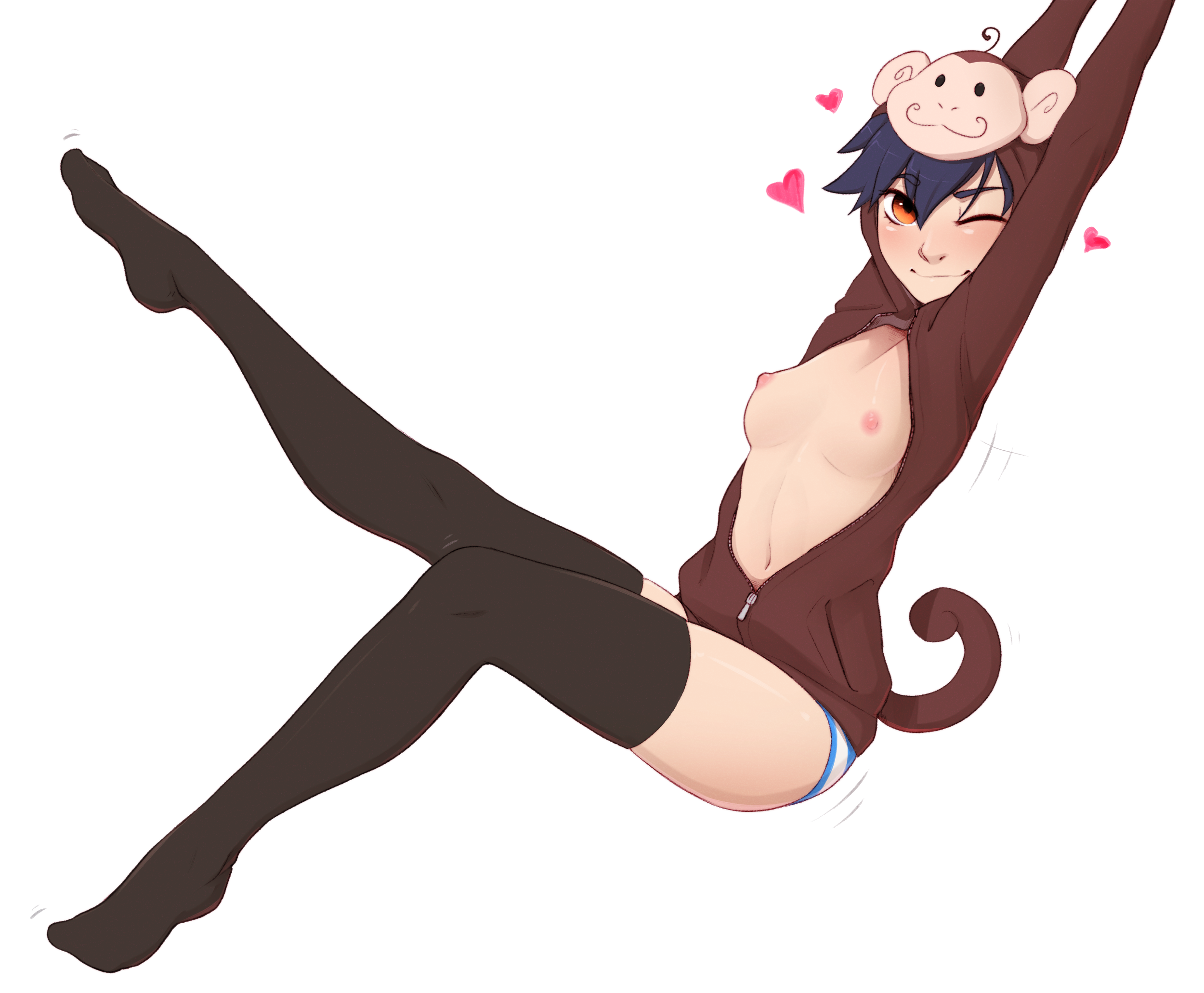 areolae, breasts, female, female only, kanbaru suruga, looking at viewer, monogatari (series), nipples, pudgeruffian, small breasts, solo, thighhighs