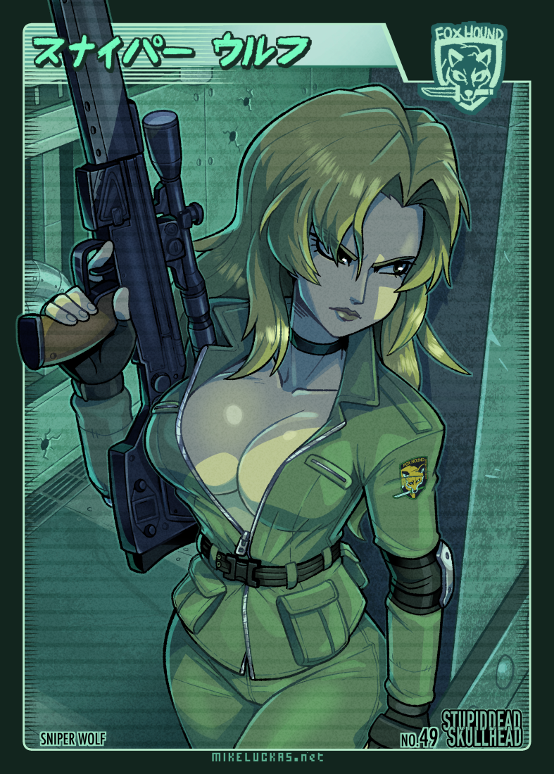 artist_name big_breasts breasts choker elbow_pads fingerless_gloves foxhound gloves gun metal_gear metal_gear_solid mikeluckas military_uniform rifle sniper_rifle sniper_wolf