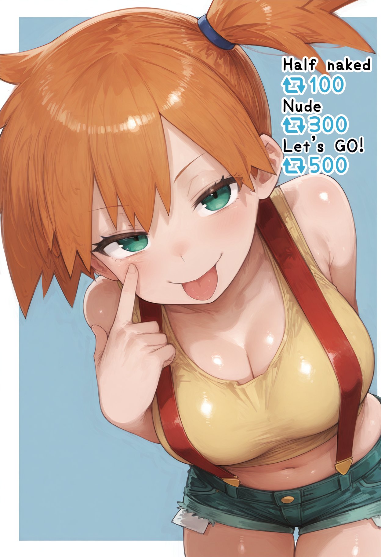 :p ai_generated akanbe asymmetrical_hair bangs bare_shoulders blue_shorts blush breasts clavicle cleavage clothing crop_top denim denim_shorts english_language english_text eyelashes female female female_only gen_1_pokemon green_eyes gym_leader hair_tie high_resolution huge_breasts kasumi_(pokemon) kasumi_(pokemon) large_breasts leaning_forward looking_at_viewer midriff navel open_mouth orange_hair pokemon pokemon_character pokemon_species ponytail shiny_skin shirt short_hair short_shorts shorts side_ponytail sleeveless sleeveless_shirt smile solo standing suspender_shorts suspenders tank_top text thick_thighs thigh_gap thighs tied_hair tongue tongue_out wide_hips yellow_shirt yellow_tank_top