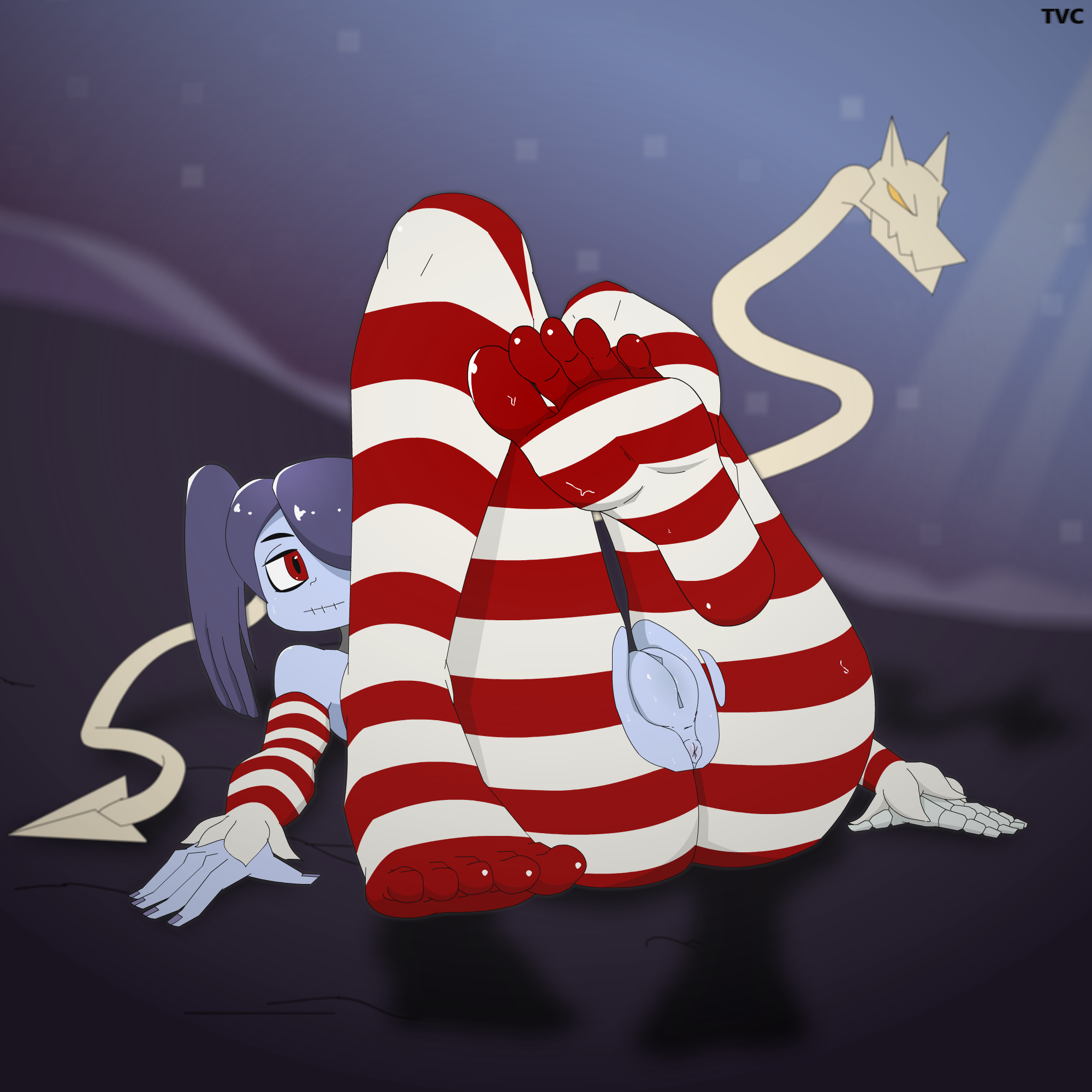 anus, clothing, feet, female, female only, hair, leviathan (skullgirls), presenting, presenting anus, presenting pussy, purple skin, pussy, red eyes, skullgirls, soles, squigly, striped legwear, thighhighs, toe socks, toes, tvcomrade123, undead, video games, zombie
