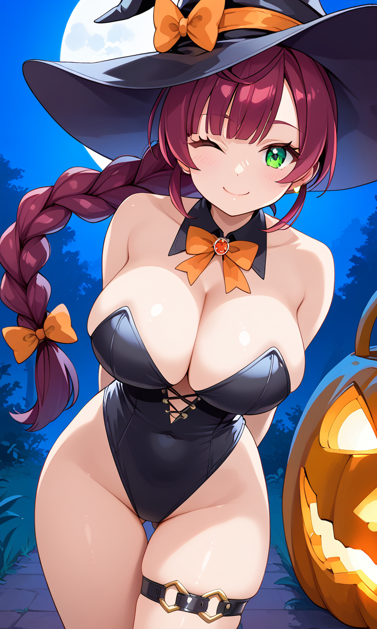 1girls aged_up ai_generated alternate_body_type alternate_breast_size big_breasts breasts chloe_(pokemon) cleavage collarbone female female_focus female_only game_freak green_eyes halloween halloween_costume huge_breasts human large_breasts light-skinned_female light_skin nintendo pokemon pokemon_journeys purple_hair revealing_clothes ryuzam sideboob skimpy skimpy_clothes smile solo upper_body witch witch_costume witch_hat