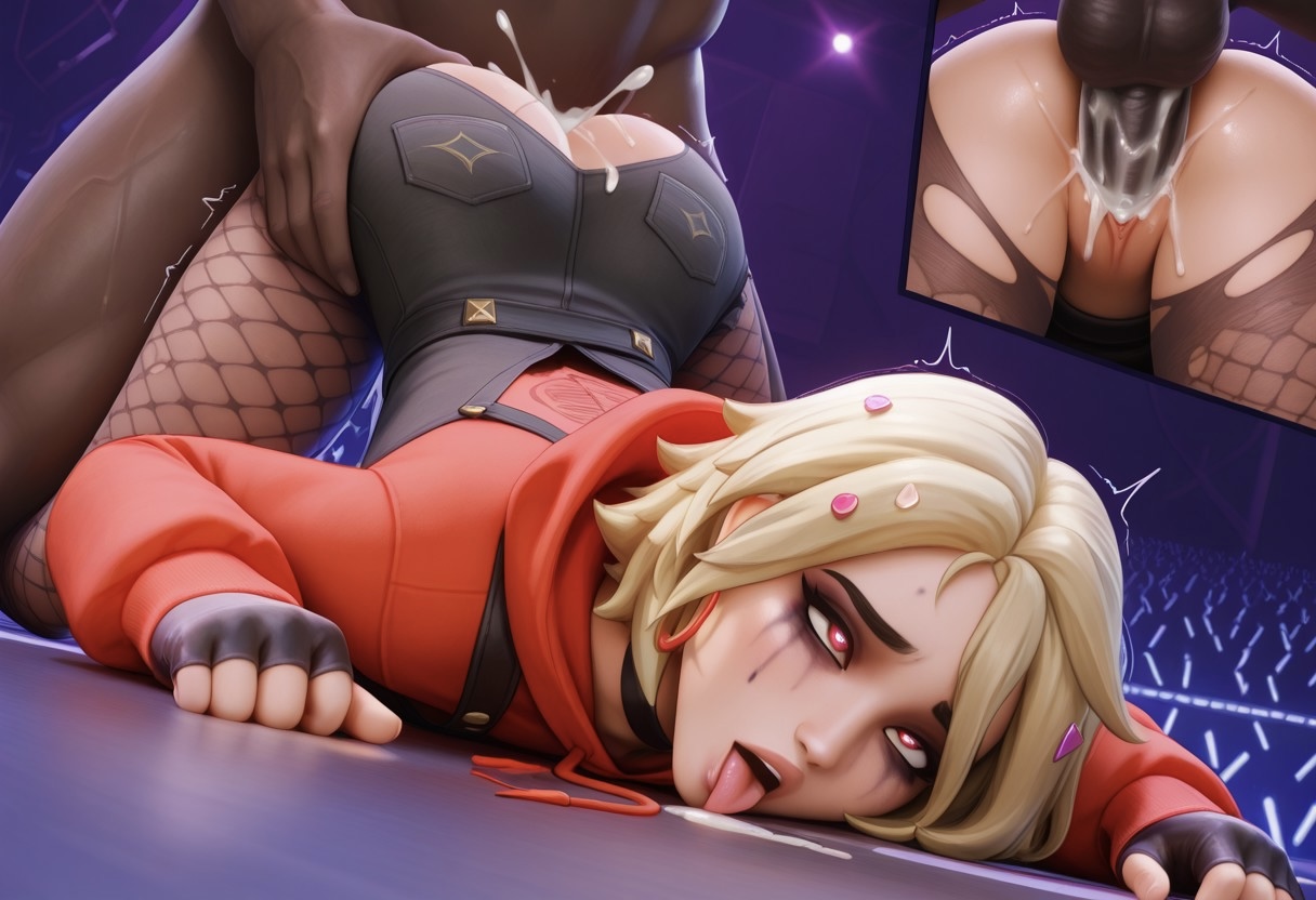 ai generated, all fours, choker, cum in pussy, cum inside, doggy style, female, fortnite, head down ass up, joni (fortnite), joni the scarlet (fortnite), male, pantyhose, penis, pussy, ruined makeup, vaginal penetration