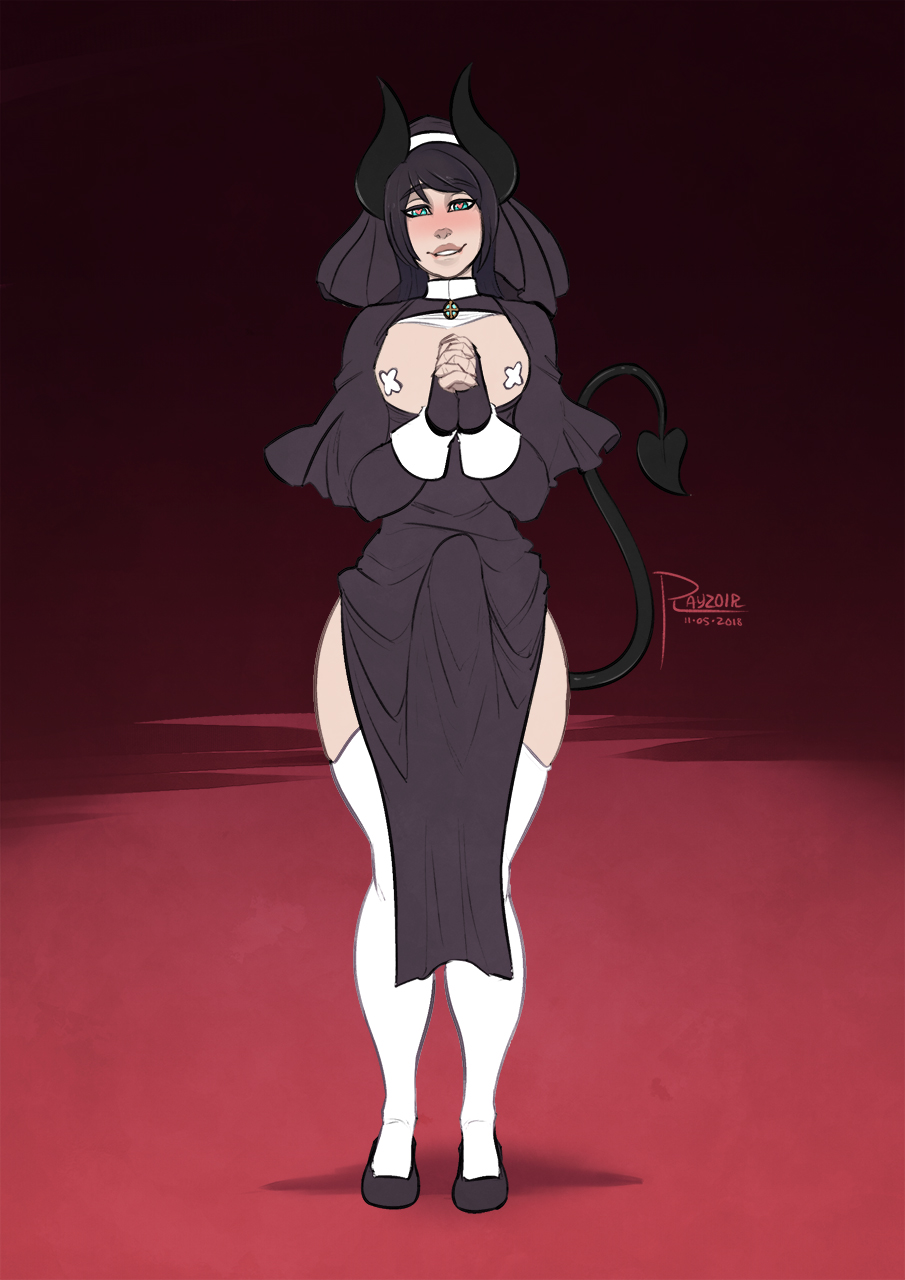 1boy, blush, bulge, demon, demon horns, demon tail, erection, erection under clothes, femboy, feminine male, girly, heart-shaped pupils, incubus, justine duchance, looking at viewer, male, male nun, male only, nun, original, penis, penis under clothes, rayzoir, solo, standing, thighhighs, trap, wide hips