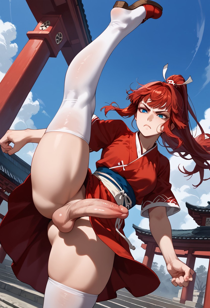 1futa 1futanari ai_generated axe_kick balls bangs blue_eyes blue_sky breasts closed_mouth clothed cloud clouds cock dutch_angle erection feet fisheye frown futanari jamesbron japanese_clothes large_penis leg_raise leg_raised leg_up legwear long_hair outdoors outside penis ponytail red_clothes red_clothing red_hair ribbon serious_face shrine_maiden sky solo standing standing_on_one_leg standing_split temple testicles thighhighs thighs torii torii_gate vertical_splits white_thighhighs wind windy