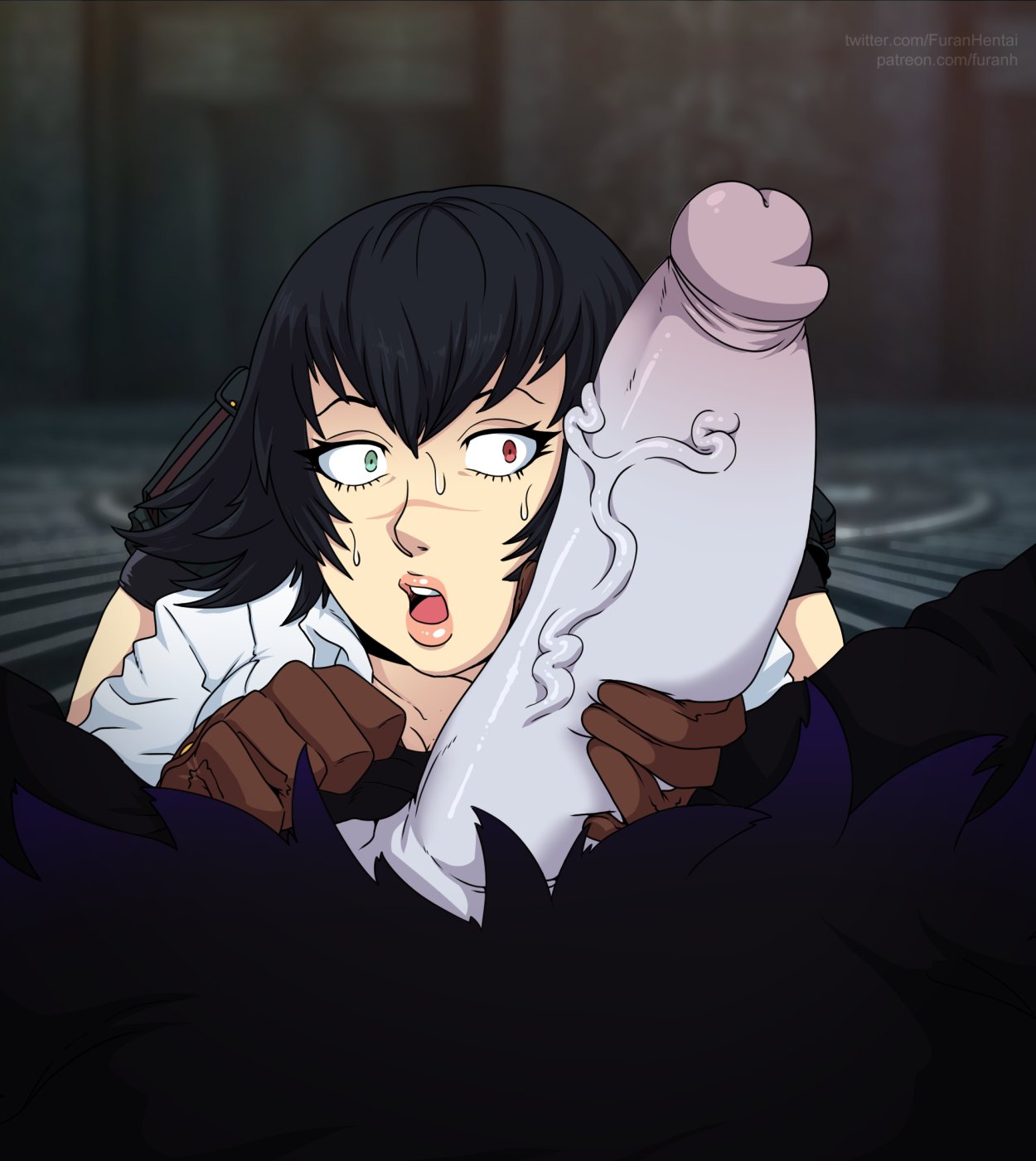 1boy, 1girls, 2d, arkham (devil may cry), big penis, black hair, capcom, clothing, devil may cry, devil may cry (series), devil may cry 3, duo, father and daughter, female, furanh, hair, heterochromia, imminent fellatio, imminent oral, incest, jester, lady (devil may cry), male, monster, penis, penis awe, straight, thick penis, vein, veiny penis, video games
