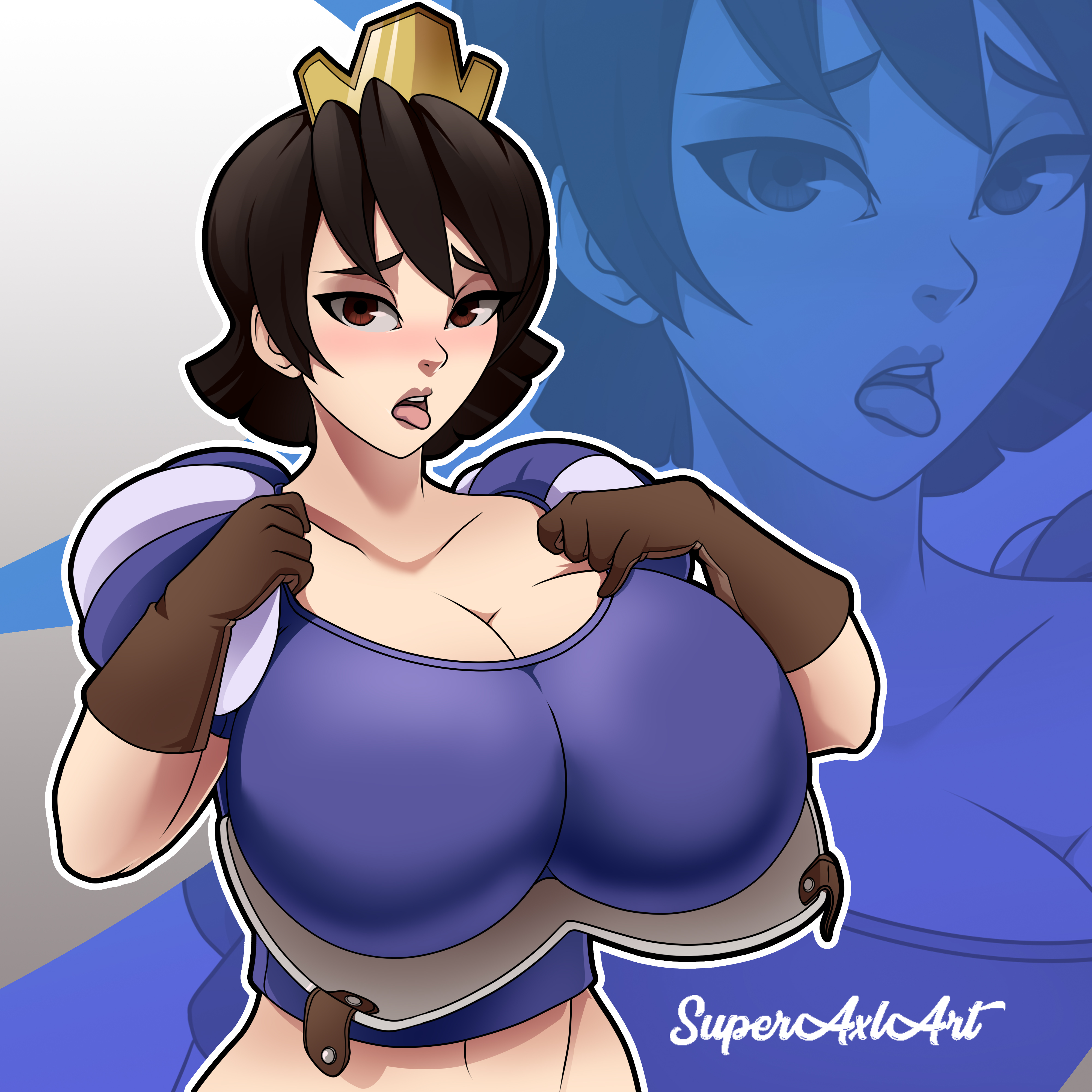 ahe gao, ahegao, armor, artist name, big breasts, black hair, blue princess (clash royale), blush, blushing, breasts, brown eyes, clash (series), clash royale, crown, fanning self, female, female only, huge breasts, jpeg, large breasts, pointy chin, princess (clash royale), solo, solo female, superaxlart, supercell, tagme, tongue, tongue out