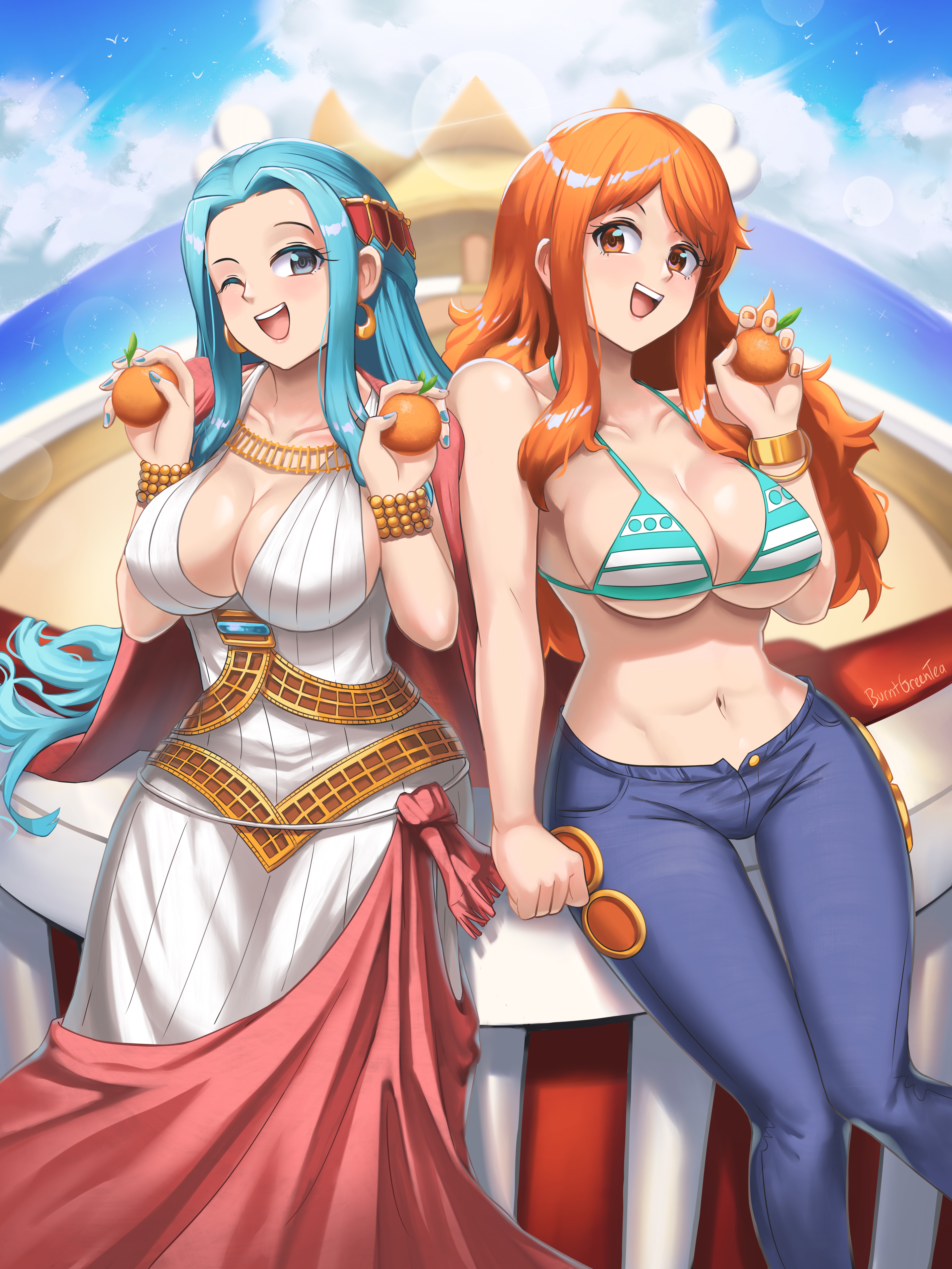 2022, 2girls, absurdres, bangle, bikini, bikini top only, blue hair, blue-haired female, bracelet, breasts, brown eyes, burnt green tea, cleavage, collarbone, dress, fat breasts, female, female only, flat belly, food, fruit, green bikini, grey eyes, highres, holding, holding food, holding fruit, jewelry, large breasts, long hair, looking at viewer, mandarin orange, multiple girls, nami (one piece), nami (one piece) (return to sabaody), navel, nefertari vivi, official alternate costume, one piece, orange hair, orange-haired female, striped bikini, striped clothes, swimsuit, underboob, wavy hair, white dress