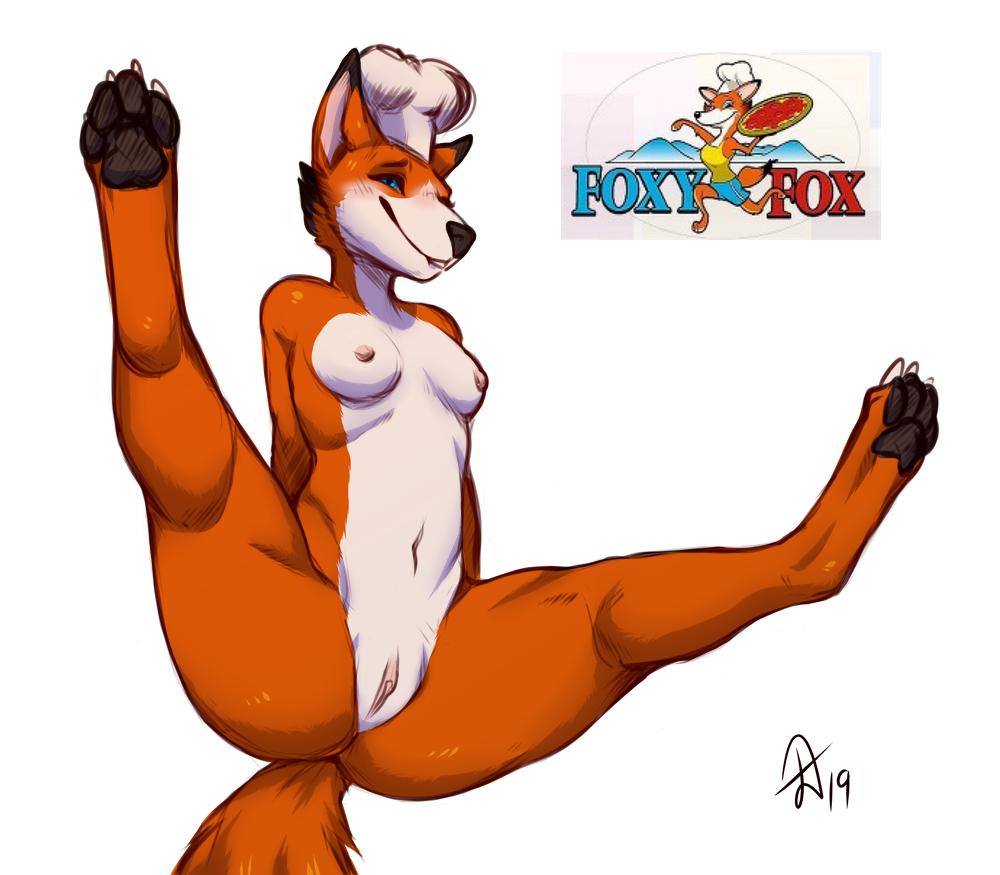 2019 anthro black_nose black_pawpads blue_eyes blush breasts canine chef_hat claws deormynd digitigrade english_text female food fox foxy_fox_pizza hat mammal mascot navel nipples nude pawpads pizza pussy red_fox simple_background smile solo spread_legs spreading text toe_claws white_background white_belly