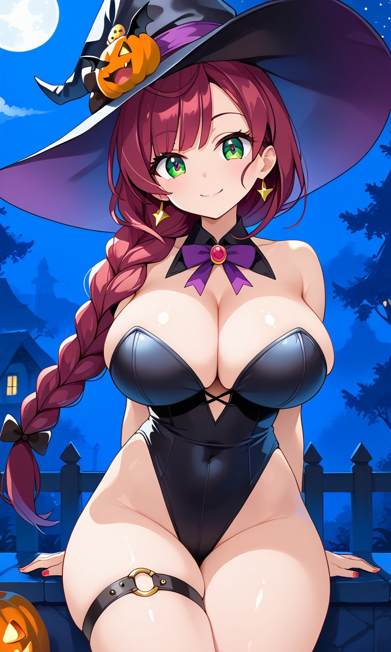 1girls aged_up ai_generated alternate_body_type alternate_breast_size big_breasts breasts chloe_(pokemon) cleavage collarbone female female_focus female_only game_freak green_eyes halloween halloween_costume huge_breasts human large_breasts light-skinned_female light_skin nintendo pokemon pokemon_journeys purple_hair revealing_clothes ryuzam sideboob skimpy skimpy_clothes smile solo upper_body witch witch_costume witch_hat