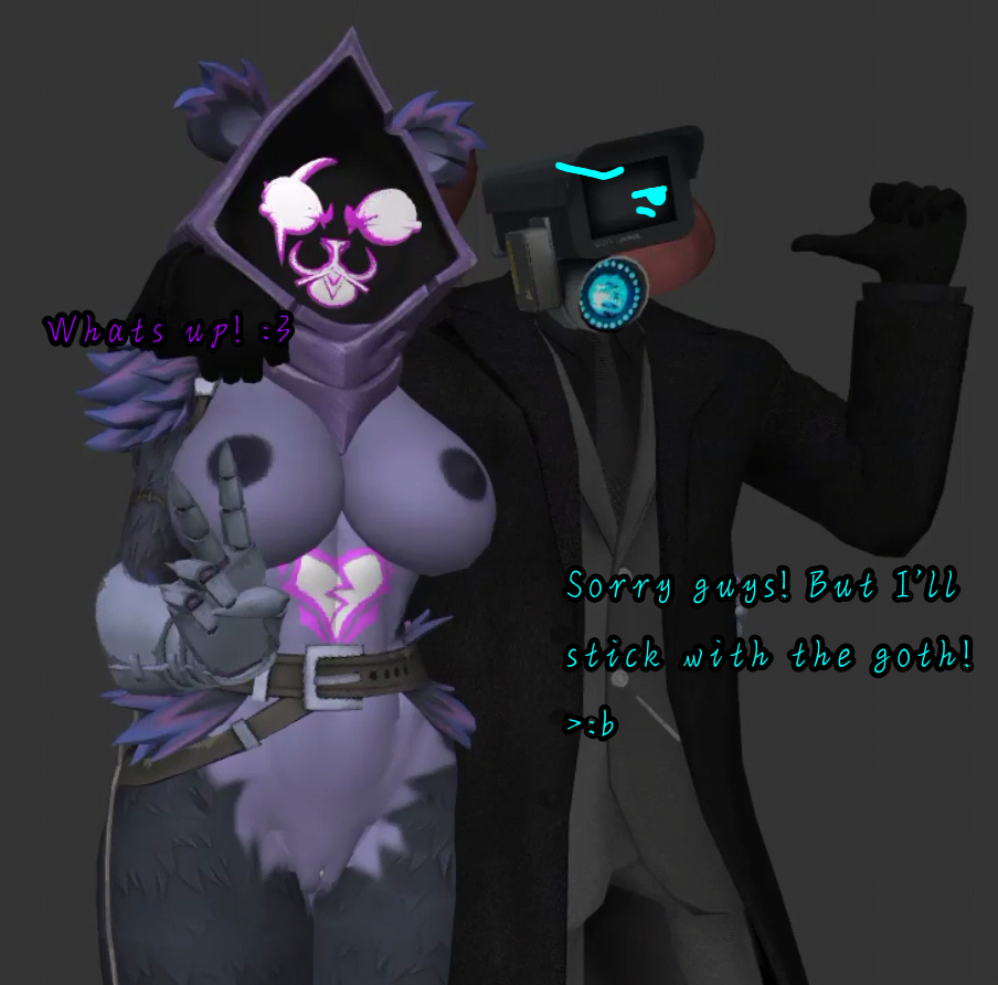 1boy 1boy1girl 1girl1boy 1girls 3d 3d_model 3d_modeling accessories accessory cameraman cameraman_(skibidi_toilet) cyan_text english_text female fortnite furry furry_female plunger_cameraman_(skibidi_toilet) prisma3d purple_body purple_fur purple_text raven_team_leader raven_team_leader_(fortnite) skibidi_toilet text v