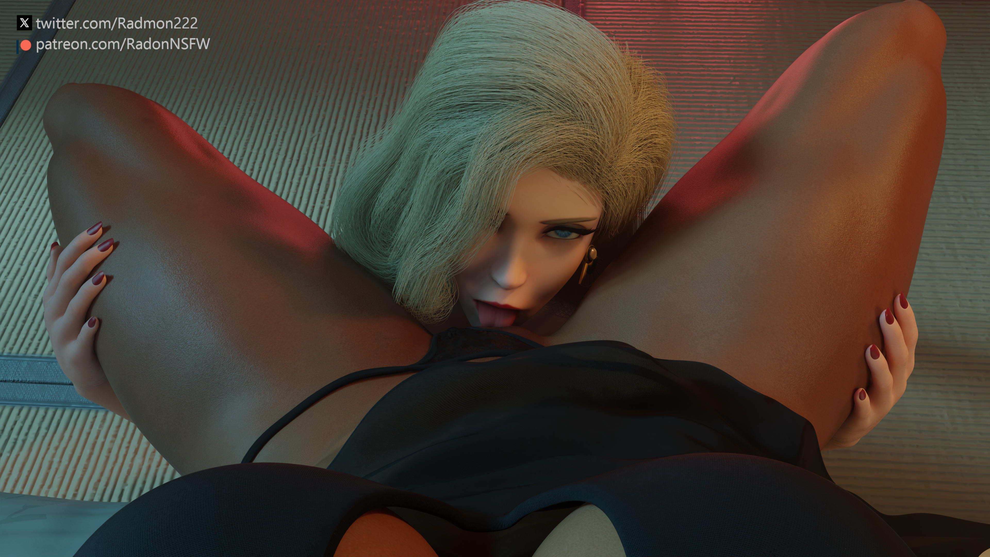 2girls, angela ziegler, blender, blender (software), blonde female, blonde hair, blue eyes, breasts, clothed female, cunnilingus, dark-skinned female, dress, dress lift, female only, female pov, female/female, fit female, hi res, high resolution, highres, looking at viewer, mercy, muscular female, muscular thighs, nail polish, overwatch, panties, panties aside, pharah, pov, pov eye contact, radmon222, red nails, self upload, thick thighs, tongue, tongue out, yuri