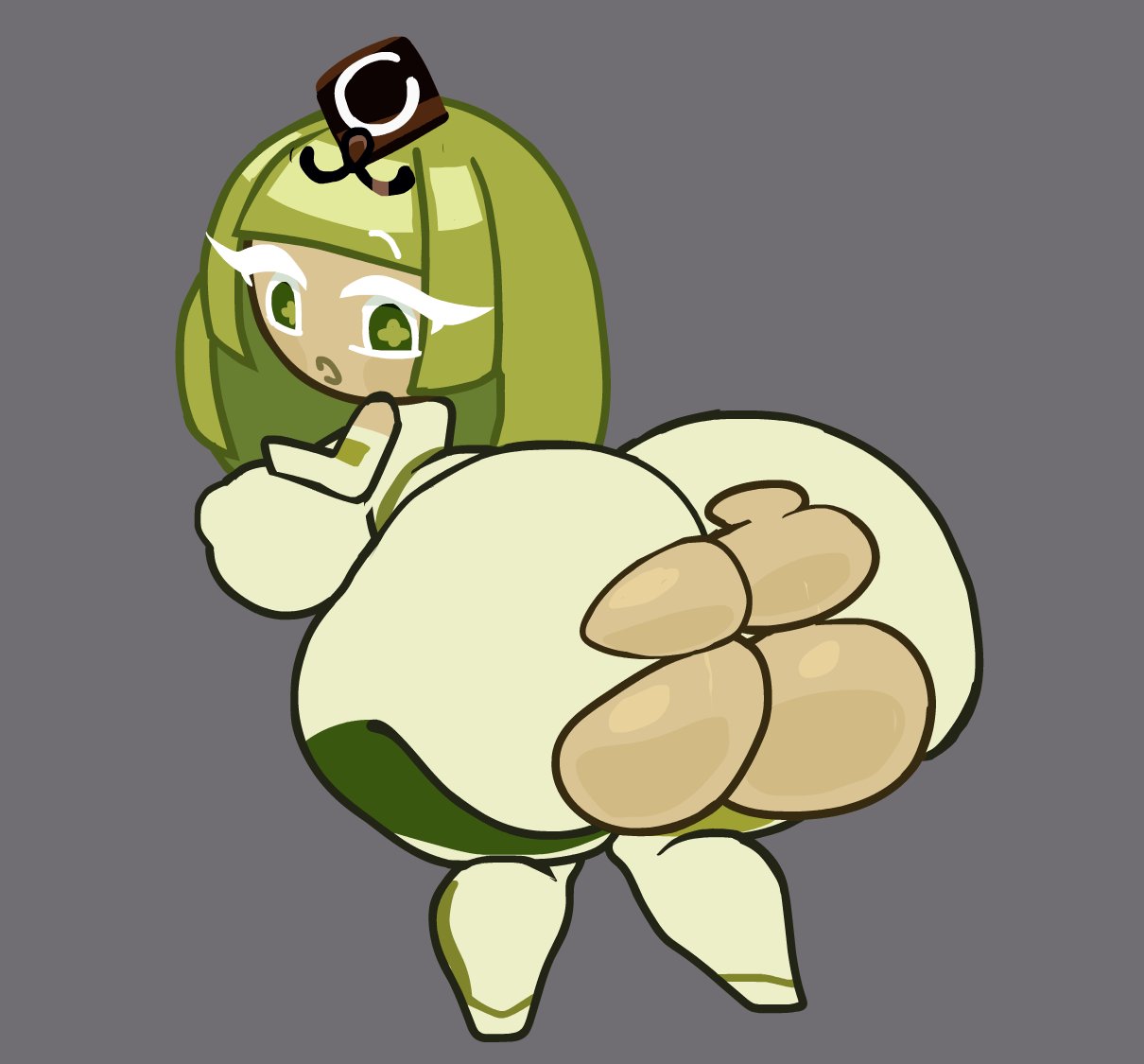 anal, anal addiction, anal invitation, anal suggest, ass, ass focus, big ass, bobababu, cookie run, cookie run kingdom, fat ass, green eyes, green hair, green tea mousse cookie, huge ass, jumpsuit, looking back, simple background, surprised, torn clothes