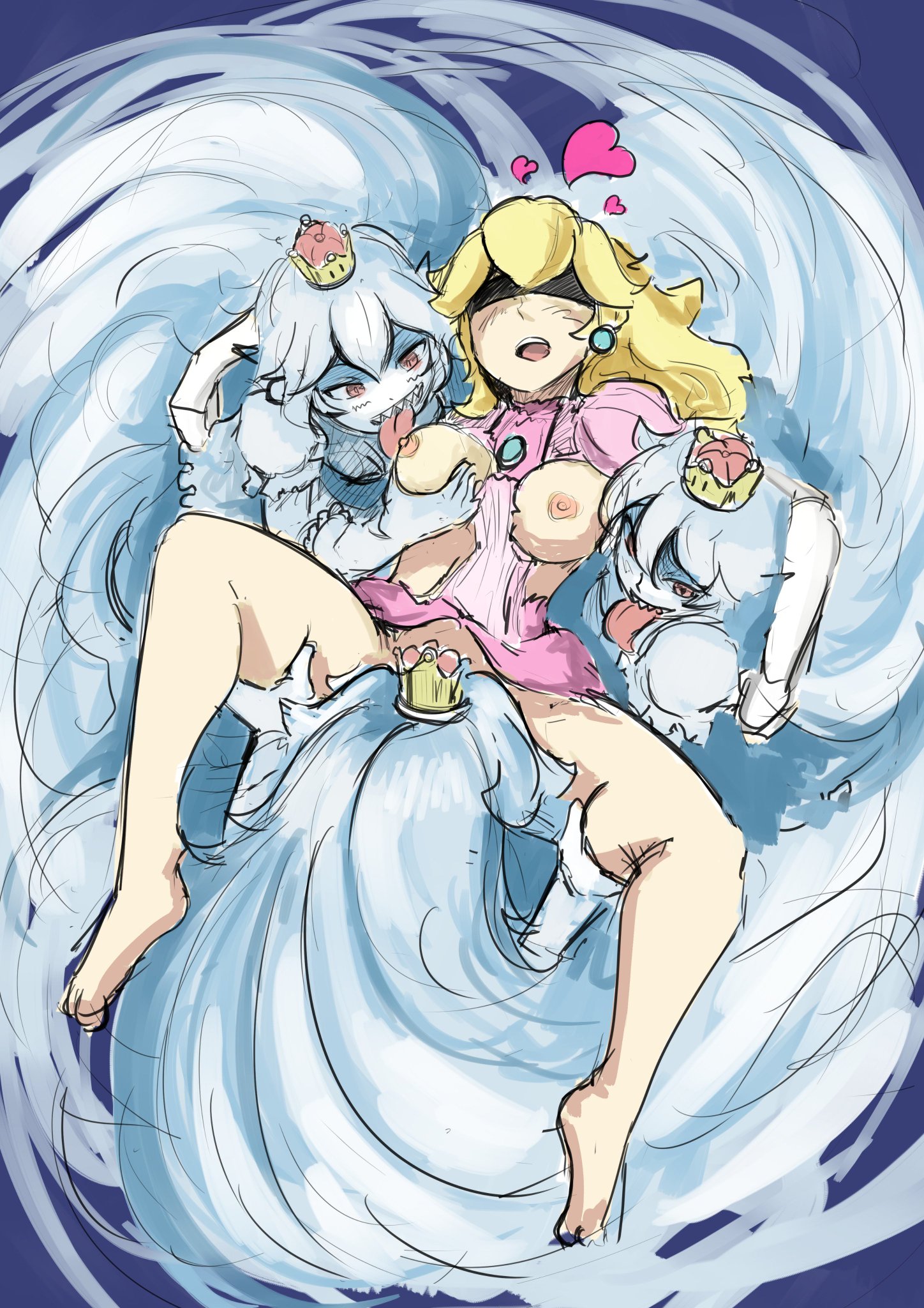 4girls, areolae, autolewd, automatic giraffe, barefoot, between breasts, between legs, blindfold, blonde hair, boosette, bottomless, breast grab, breast hold, breast lift, breast squeeze, breast sucking, breasts, breasts out, crown, cunnilingus, dress, dress lift, earrings, exposed breasts, female, female only, ghost, group sex, half-closed eyes, happy, happy sex, heart, large breasts, licking, light skin, light-skinned female, long gloves, long hair, long tongue, looking pleasured, mario (series), multiple females, multiple girls, naughty face, new super mario bros. u deluxe, nintendo, nipple licking, nipples, no bra, no panties, on back, open mouth, open smile, oral, oral sex, pleasure face, princess peach, red eyes, royalty, sharp teeth, skirt, skirt lift, skirt up, smile, spread legs, super mario bros., thigh grab, tongue, tongue out, white gloves, white skin, yuri