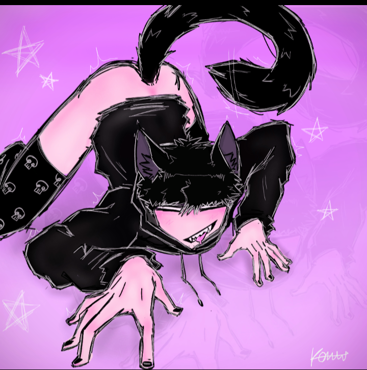 ass_up black_hair black_nail_polish cat_ears cat_tail catboy crawling drooling_tongue fabfantasy fangs fangs_out femboy grinning_at_viewer hoodie hoodie_up kets4eki legs_spread looking_at_viewer pink_background scenecore signature slutty_clothing slutty_pose thighhighs tongue_out white_eyes