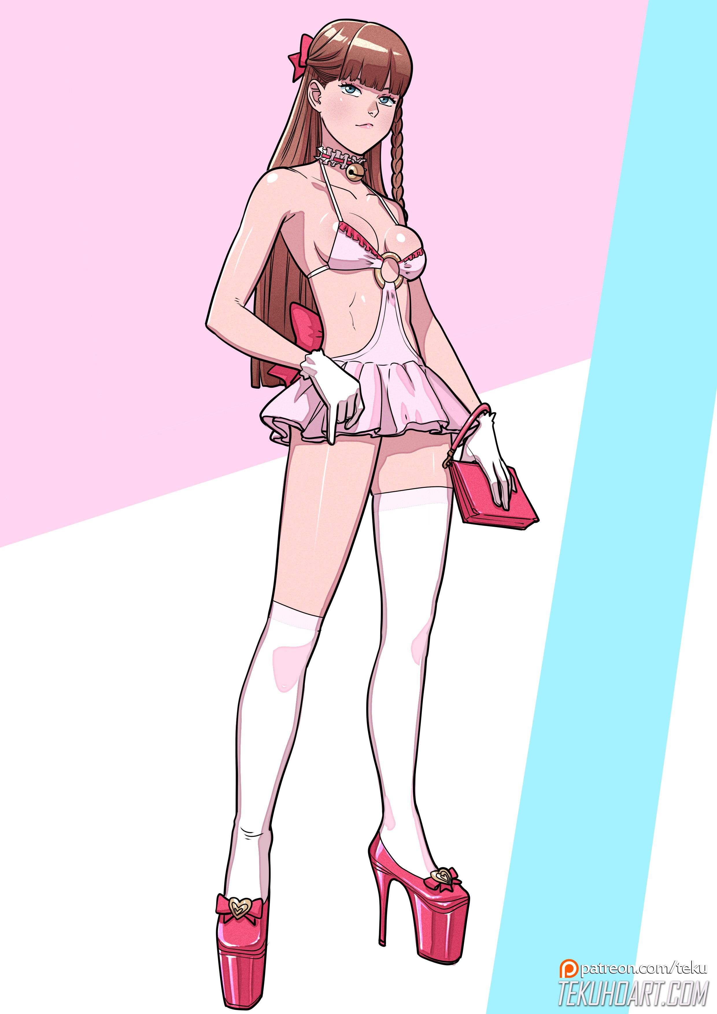 1girls, breasts, brown hair, cleavage, collar, dress, female, female only, full body, fully clothed, gloves, high heels, july (tekuho), no bra, original, pink clothing, platform heels, purse, revealing clothes, skimpy, skimpy clothes, solo, standing, stockings, tagme, tekuho