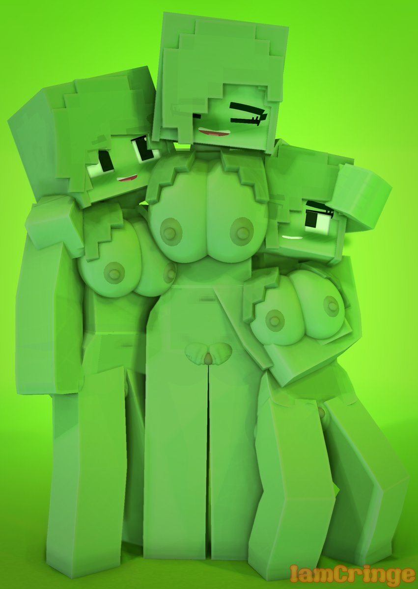 3d, 3girls, big breasts, breasts, female, green eyes, green hair, green skin, iamcringe, mine-imator, minecraft, monster, monster girl, nude, personification, slime, slime (minecraft), slime girl, tagme