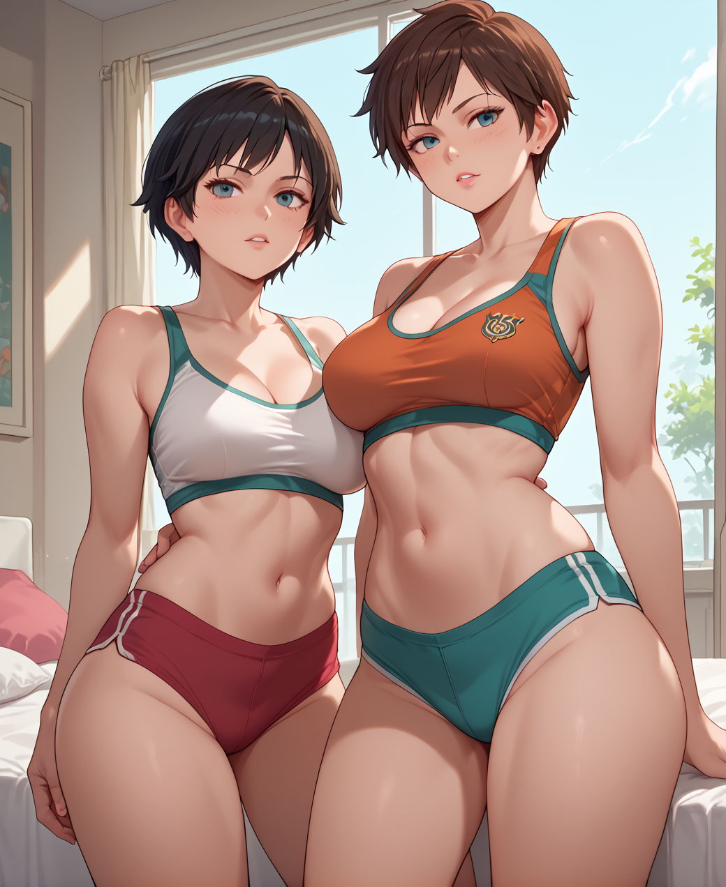 1girls 2girls abs ai_generated ass black_hair breasts brown_eyes brown_hair caked_up capcom crossover curvy eiko_(zero) eteeming fat_ass fit nipples rebecca_chambers resident_evil short_hair terminator terminator_zero tomboy