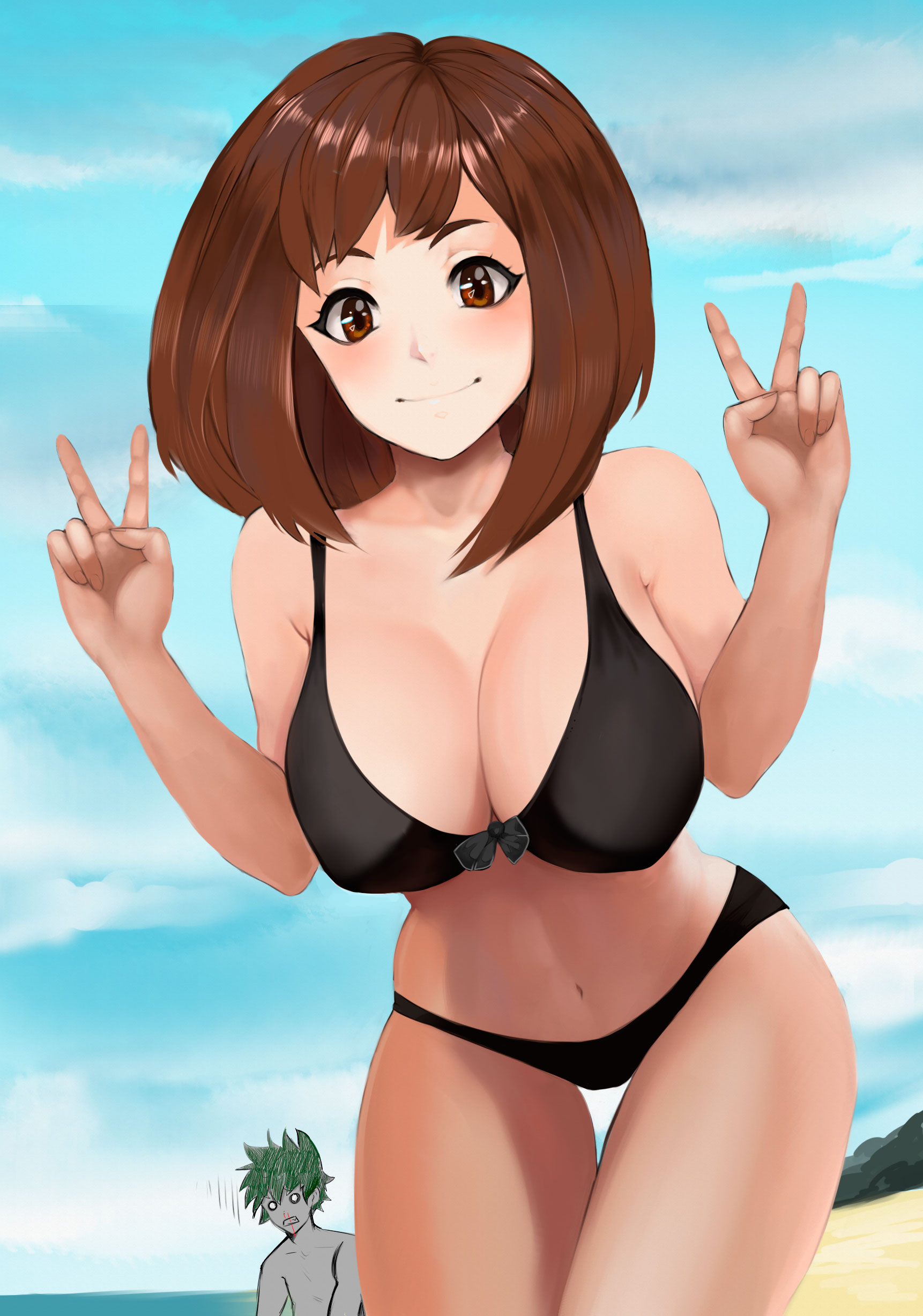 alluring, big breasts, bikini, breasts, cleavage, female, kirani, large breasts, looking at viewer, my hero academia, ochako uraraka, solo focus, v